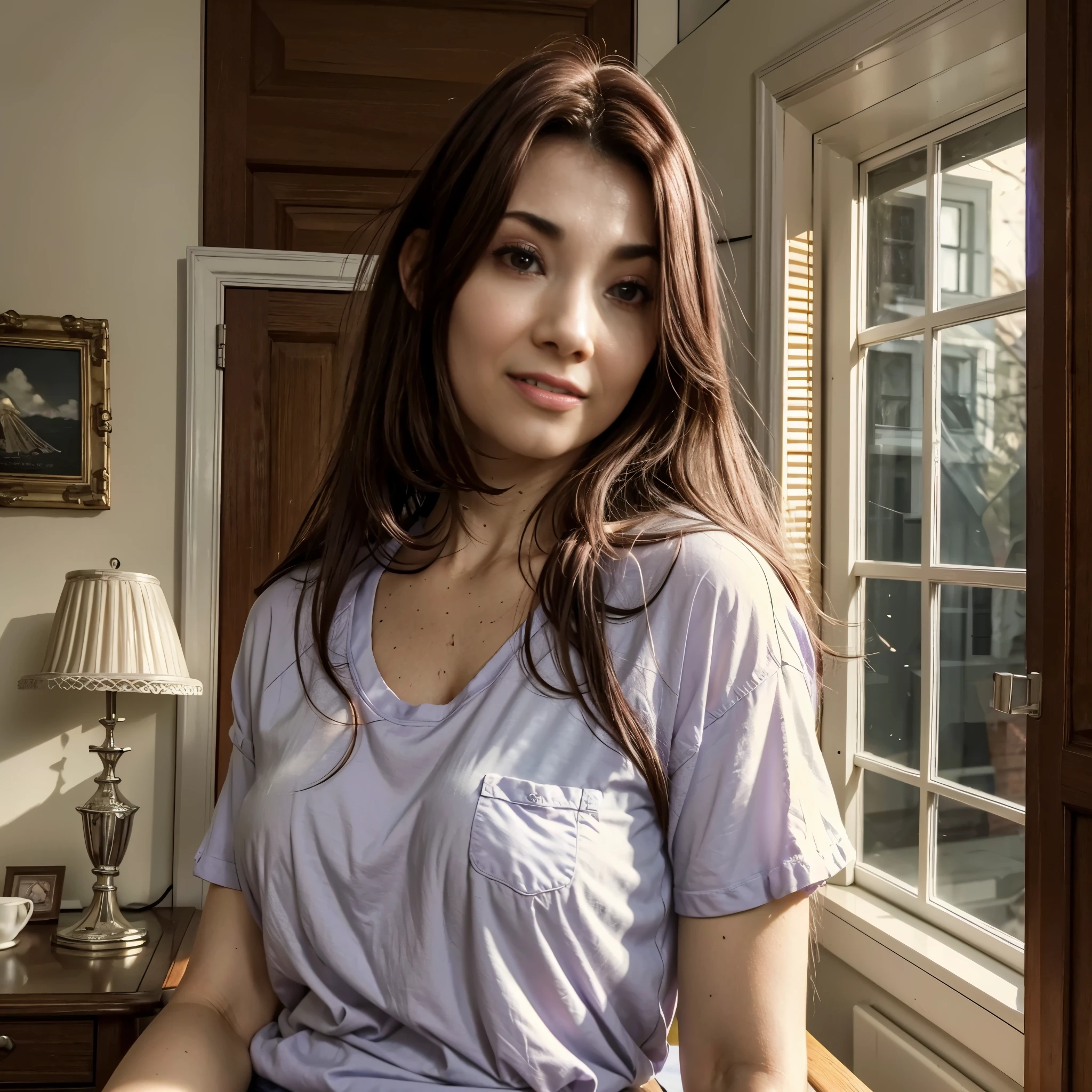 (higher resolution, distinct_image) The best quality, a woman, masterpiece, highly detailed, semi realistic, 21 years old, beautiful, young, handsome, t-shirt, lilac shirt pulled, collar on neck, interior, modern room, window, wake up, morning, blush, smiling, tara.tainton