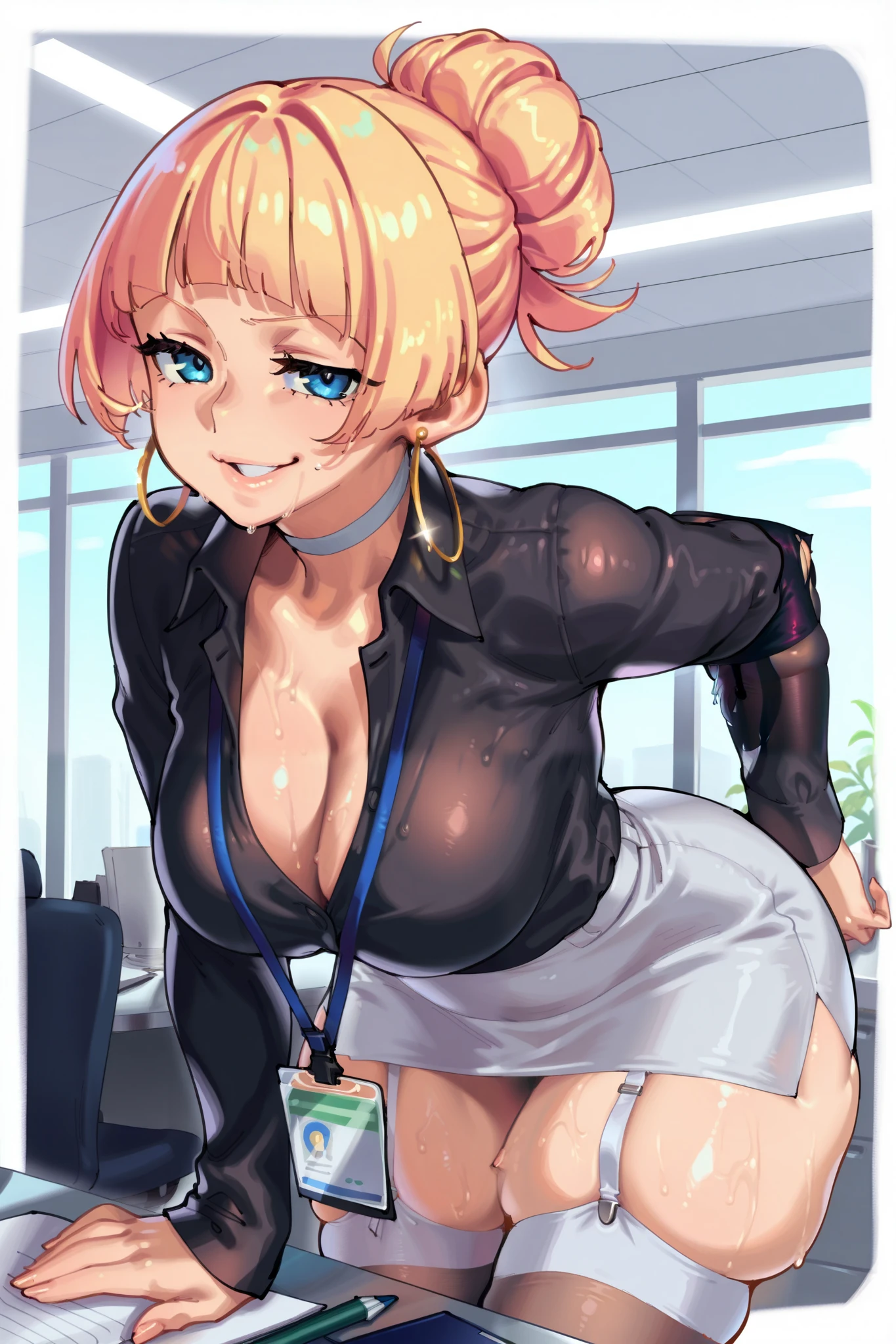 score_9, score_8_up, score_7_up, score_6_up, score_5_up, score_4_up, 1girl,solo,mature female, medium breasts, wide hips,thick thighs,(white pencil skirt:1.2),black shirt,office lady, pink side-tie panties, thighhighs,garter straps, (skindentation:1.2), parted lips, blonde hair,hair buns,blunt bangs, hoop earrings,smirk,cleavage, collared shirt, indoors,office,lanyard,shiny skin,wet skin,bent over,white choker,microskirt, 
masterpiece, best quality
 eigaka