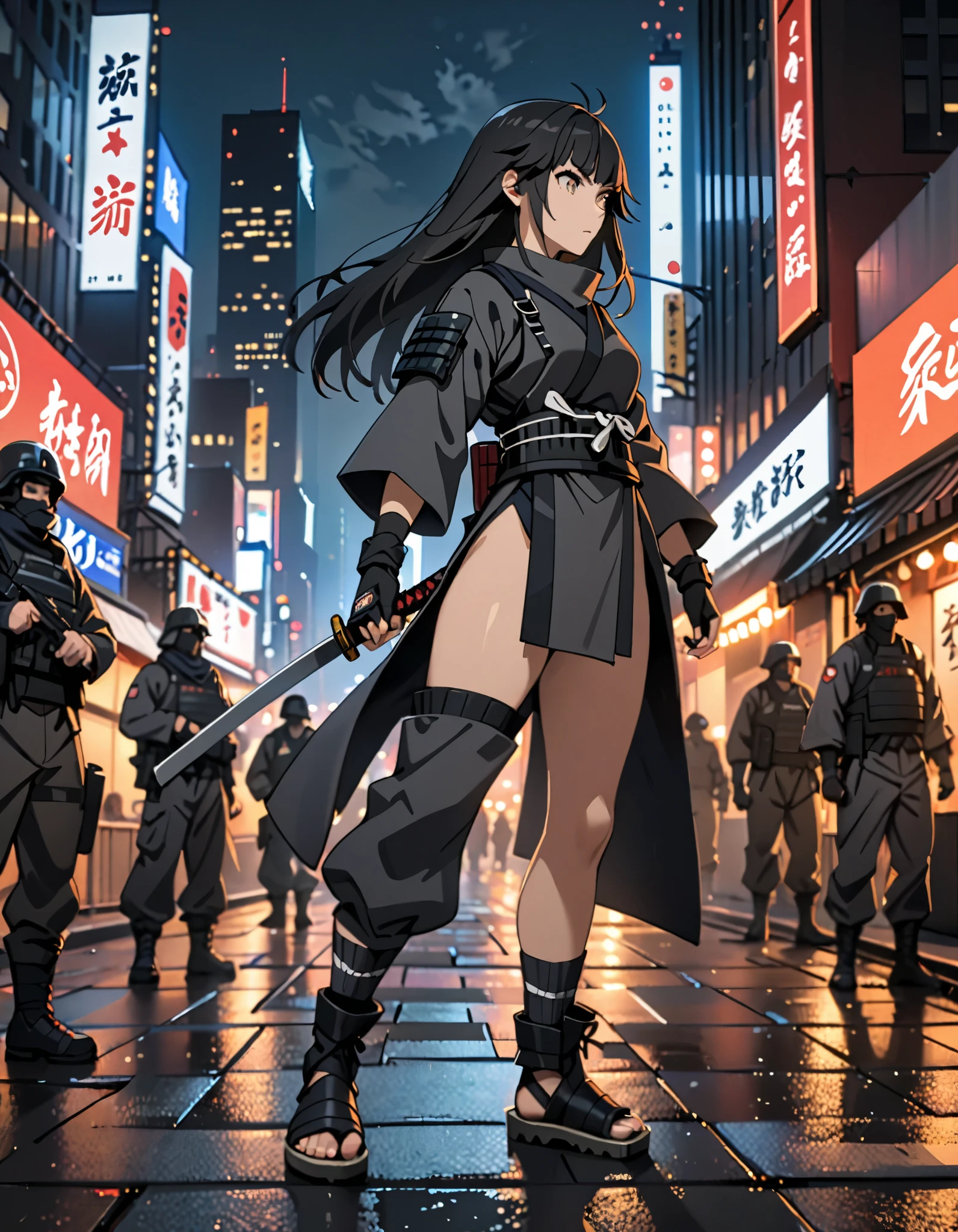 Masterpiece, best quality, high res, 8k, solo, solo focus, 1girl, female samurai, 1girl, ankle wrap, black hair, tabi boots, tabi socks, fingerless gloves, gloves, dark gray uniform, hip vent, japanese armor, long hair, ninja outfit, baggy pants, side slit, bare legs, New York, rooftop, nighttime, U.S. military agent, cowboy shot, (full body shot:1.2), depth of field.