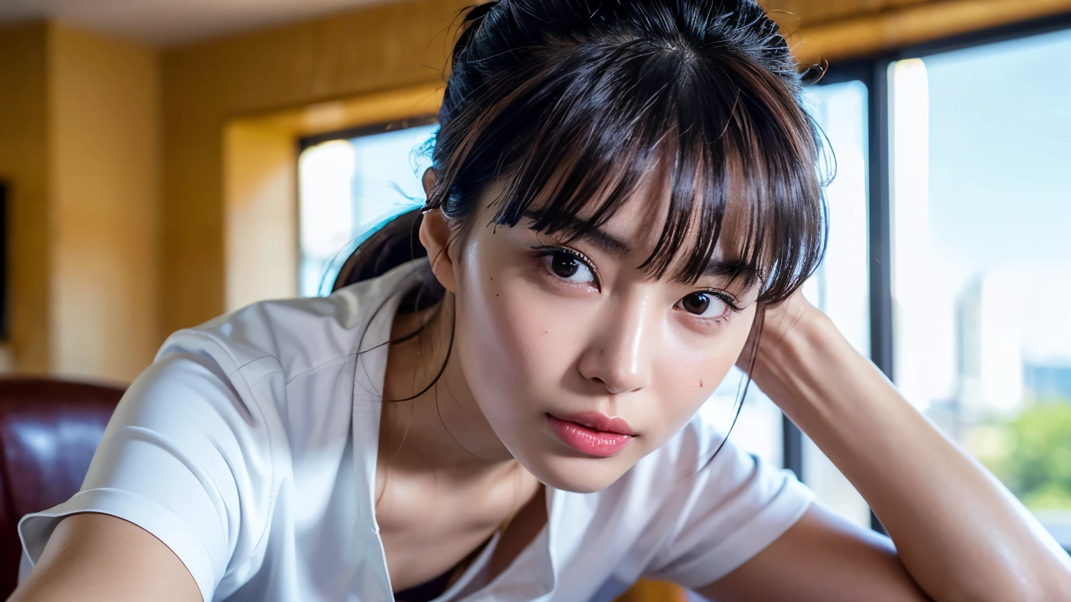 (8K, RAW photo, highest quality, High resolution:1.1), (hyperrealistic:1.4),(realistic, photorealistic:1.3), soft light,realistic face,realistic body,realistic skin,disorganized,masterpiece,(cute:1.8),(leaning forward:1.8),(From above:1.2),(close:1.4),crawl on all fours,throw,( Detailed white loose t-shirt:1.2),(Beautiful breasts:0.9),(long hair,ponytail),(big:1.2),cleavage,fine black eyes,innocent eyes,droopy eyes,Watery eye,open lips,blush,good style,cinema light,film Grain,close,look viewer,full Body,Depth of field, blurred background,Eye focus,young,85mm lens, f/ 1.4,professional lighting,portrait,photon mapping,radio city,Physically based rendering,Transparency,Day本の女の子,Day,Sunny,outdoor