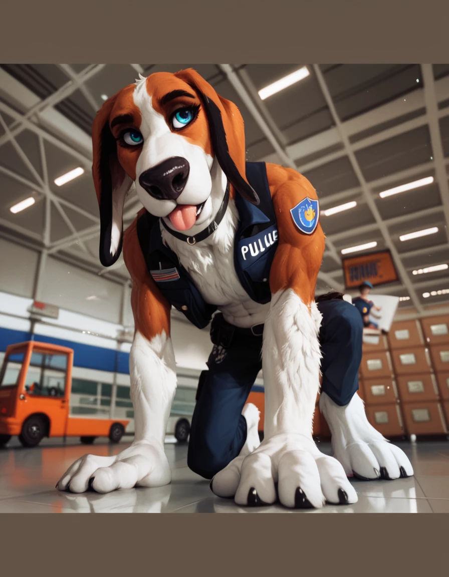 Score_9, Score_8_up, Score_7_up, Score_6_up, Score_5_up, Score_4_up,  a adult, saddleback tan and white scent hound, anthropomorphic furry, wearing a black  police vest, airport cargo room, walking on all fours, crouching, white snout, humanized  body, human eyes, human arms, human hands, tongue sticking out l, knees off the floor, long neck fluff 