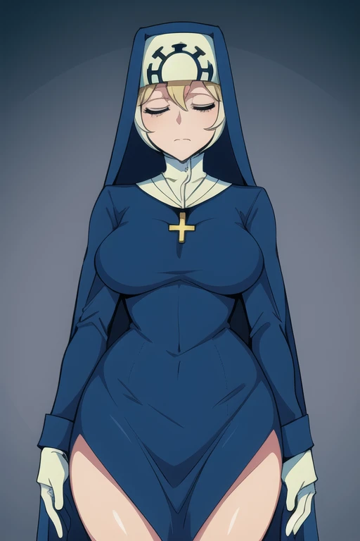 Manhwa style woman mature Nun in a black dress showing pussy lifting her and showing her vagina to a student hiding in the classroom, Slim body, serious face