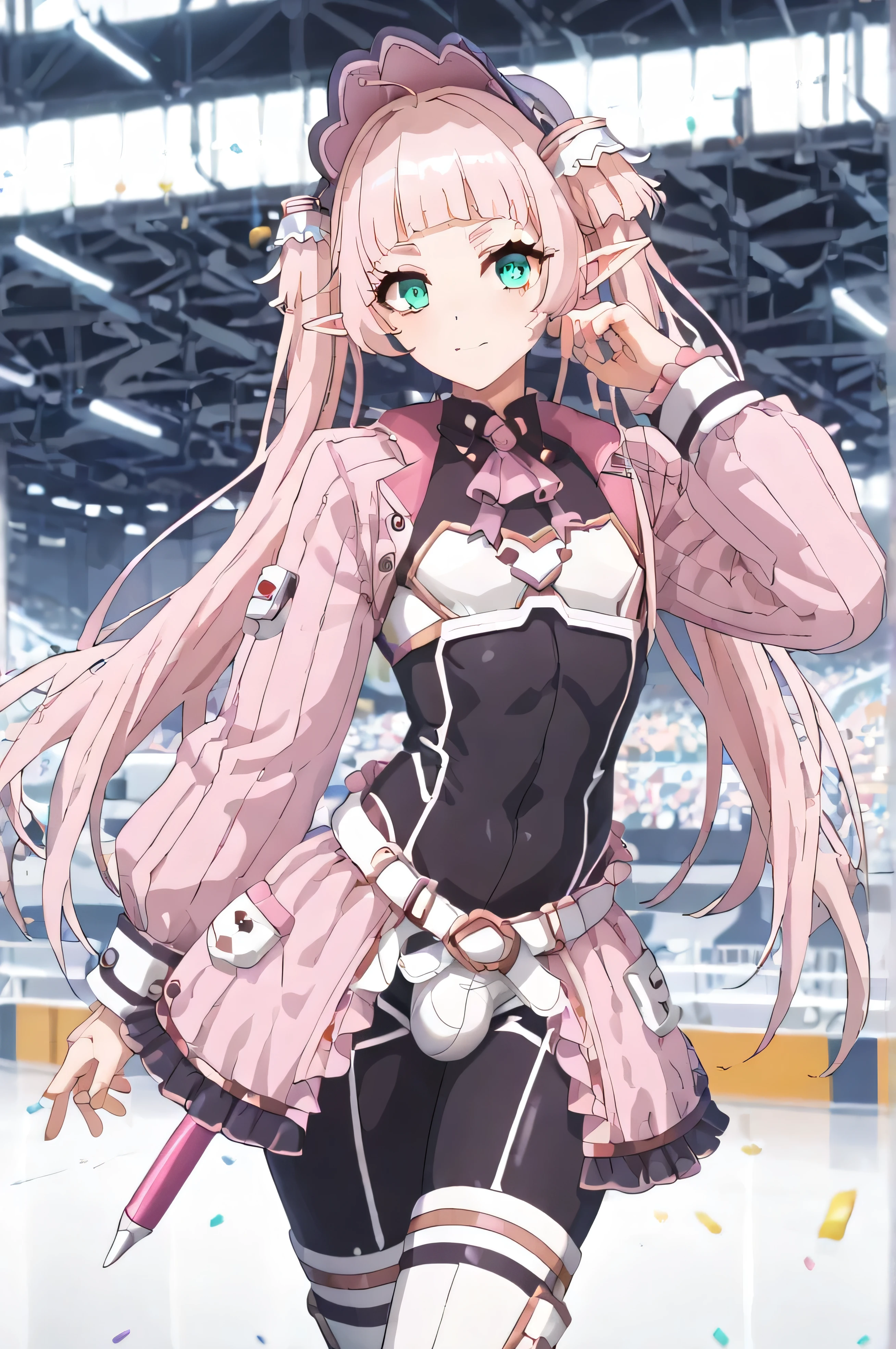 masterpiece, anime, pacecraft_interior(((hangar))), elf, 1 boy, 17yeas old, otoko no ko, pink_hair, straight_longhair, turquoise_eyes, girly, curvy, crossdressing, pink pilotsuit, bulge,  a giant robot in background, looking at viewer, fullbody