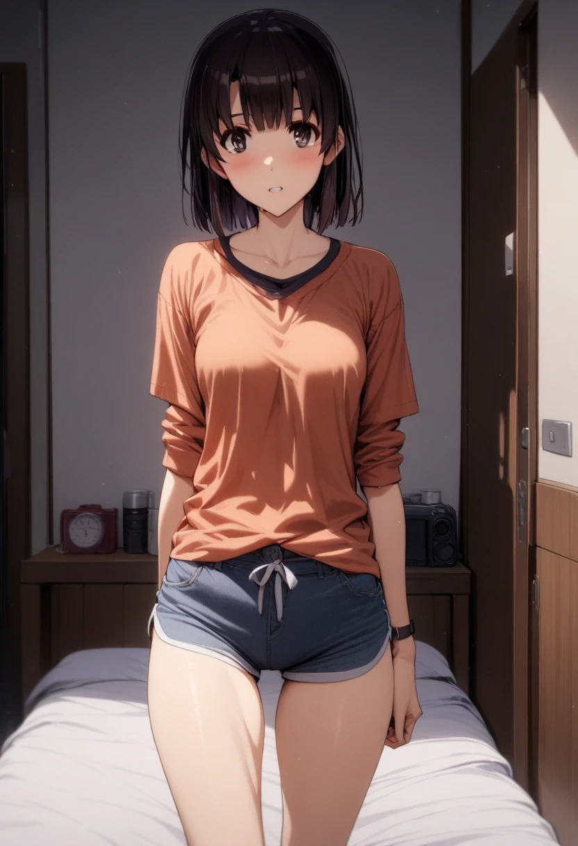 1girl,solo,megumi katou,short black hair,shirt,shorts,room, masterpiece, best quality,ultra detailed,