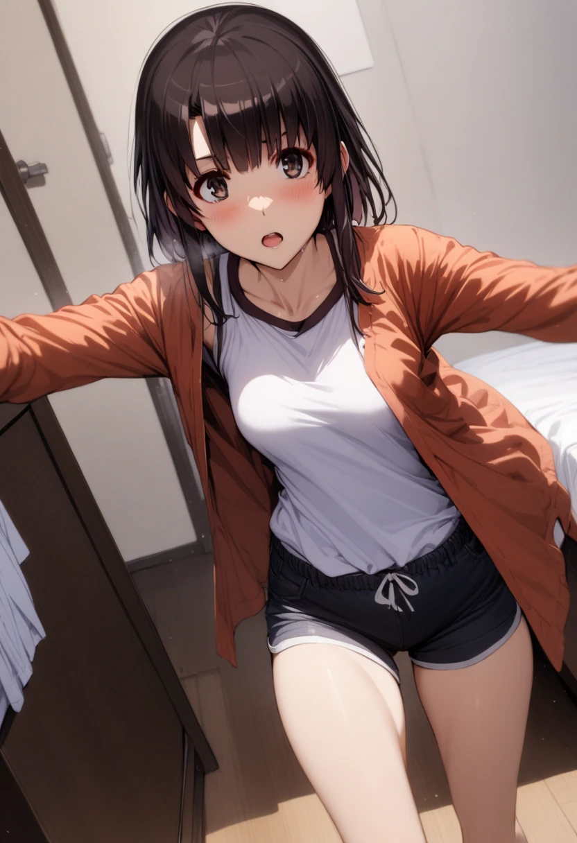 1girl,solo,megumi katou,short black hair,shirt,shorts,room, masterpiece, best quality,ultra detailed,