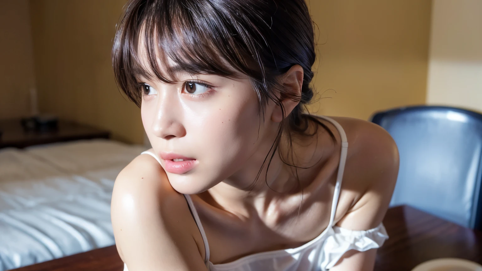 ( masterpieces during breakfast :1.2), super detailed, super high resolution, ( realistic , photo realistic :1.37), high resolution raw color photos, professional photos , Dramatic lighting, sharp concentration:1.2, ( high definition face and skin texture, for very thin eyes , shiny skin, growing skin with semen on my belly, growing skin with semen on my belly, Shining Face , Gloss, oily skin , Oily face, oily skin , Oily face, 強いGloss), perfect anatomy , high definition background , 1 Woman , 40-year-old woman, comet , ( medium hair up to buttocks, straight hair, bangs:1.3, brown hair), (Lost weight:.0), ( flat chested:1.3), ( table top in front of you:1.2), Close-up of shirt, Underbob , white shirt, black leggings, ( sexy panty strap:0.5), , (whole body:1.2), Captivating Poses, watching viewers , ( view from below :1.2), nsfw, Uruchan-6500-v1.1