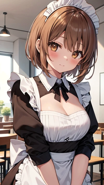  1 girl, Alone, Girl and Tank, nishizumi miho,   Brown Eyes ,  brown hair,  short hair, (  maid outfit :1.4), closed mouth , happy ,indoor, Cafe、とても大きなchest、Expose&#39;chest、Naked&#39;chest、chestを皿の上に置く