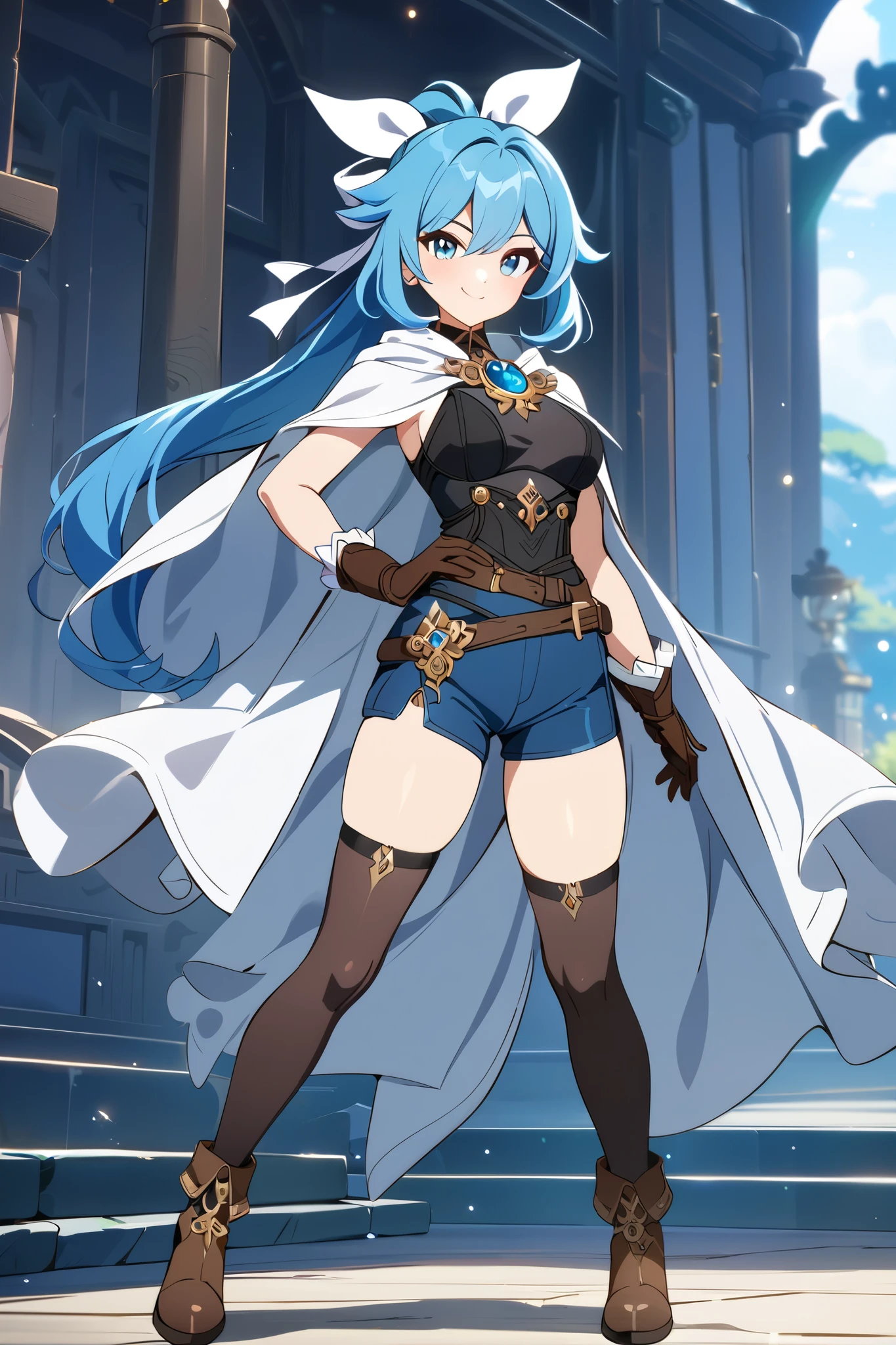 1girl, smile, white big ribbon, vivid blue hair, long blue ponytail, hair ribbon, white cape, black tank top, blue shorts, brown belt, brown boots, gloves, confident expression, standing pose, full body, anime art style, detailed design, highres, masterpiece, fantasy outfit, modern adventurer, ornate brooch, white and blue color palette, thigh-high socks, masterpiece, genshin art style, best quality, amazing quality, very aesthetic, highres, incredibly absurdres