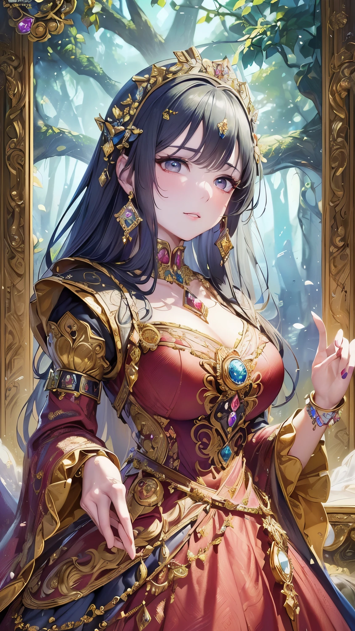 ((highest quality)),(ultra high resolution),(Super detailed),(detailed description),((best CG)),(best work of art),super precision art,amazing drawing art,(Oriental fantasy art with precise details:1.5), (1 woman:1.6),(beautiful and well-shaped face:1.6),(colorful patterned costumes:1.6),Accurate and detailed accessories