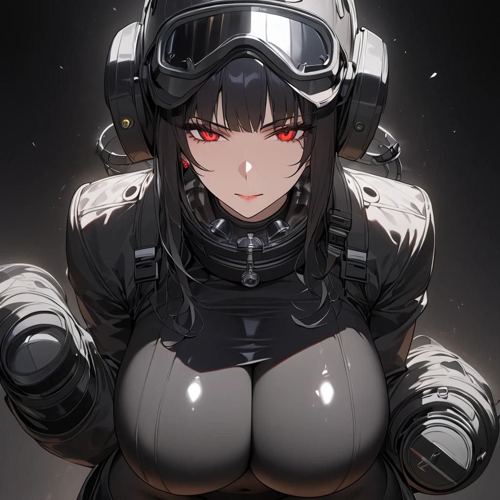 (masterpiece:1.4), (best quality:1.4), (super detailed:1.2), score_9, score_8_up, girl wearing gas mask, black spy suit, exposed navel, defined abs, wide hips, (large breasts:1.2), shoulder-length black hair, heavy makeup, glowing red eyes, cross earrings, crouching pose, sinister gaze, (pitch black background:1.4), dark indoor setting, dramatic lighting focus on character, chance encounter