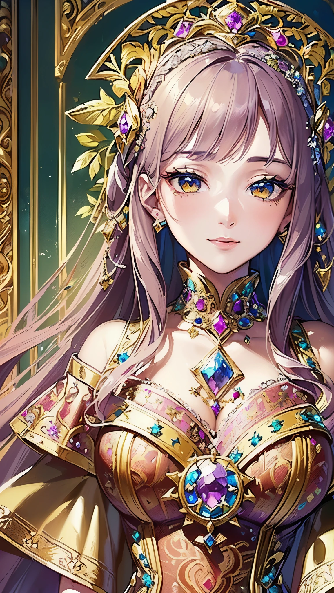 girl with，Huge breasts，off shoulders，Golden hair，Colored feathers，metal ornaments，colorful flower，Particle，Rays of Light，(masutepiece, of the highest quality, Best Quality, Official art, Beautiful and aesthetic:1.2), (1girl in:1.3), Extremely detailed,(Fractal Art:1.1),(Colorful:1.1)(Flowers:1.3),highest details,(Zentangle:1.2), (Dynamic Pose), (Abstract background:1.3), (Shiny skin), (Many colors:1.4), ,(earrings:1.4), (Feathers:1.4)