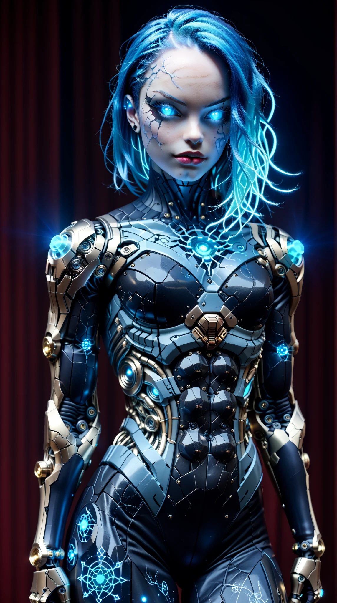 score_9, score_8_up, score_7_up, (Three quarters Shot), (1 girl), (asian), beautiful teenage (skinny) muscular goth cyborg girl, (full Cybernetic bodysuit:1.5), (black sclera:1.5), (blue glowing eyes:1.5), (blue glowing body veins:1.5), (flat chest:1.25), (blue glowing hair:1.25), (beautiful face:1.25), (bodybuilder muscular physique:1.25), (skinny long legs:0.75), (intricate gold filigree:1.25), bimbo lips, cowboy shot, cybernetic, mechanoid body parts, exposed cables and circuits, neon lights, gothic neon style, cyber punk style, super realistic image, beautiful digital paint , hyper Realistic illustrations, DonMT3chC057ruc7s, CyberRealistic_Negative_PONY-neg,CyberRealistic_Negative_PONY