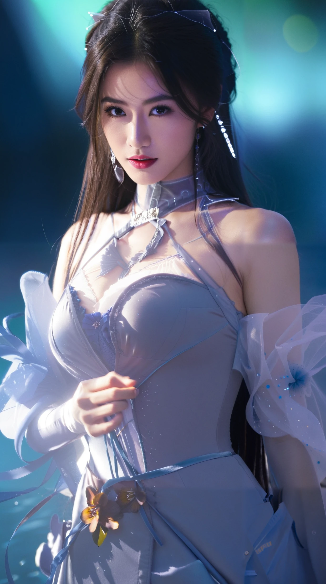 1girl, depth of field, official art, unity 8k wallpaper, ultra detailed, illustration, beautiful and aesthetic, masterpiece, best quality, knight, (big breasts), (milf, mature female), (black armor, armor, breastplate), beautiful face, (long hair, black hair, very straight hair:1.4, hime cut:1.4), blue eyes, cowboy shot, glowing skin, back lighting, athletic figure, muscular female, curvy, wide hips, colorful, looking at viewer, Hyperrealistic, gradient background, dark background, outline, fantasy, from the front, watercolor, traditional media, (chromatic aberration, intricate details), thick body, kim kardashan body type, ice queen, ice blades flying around,