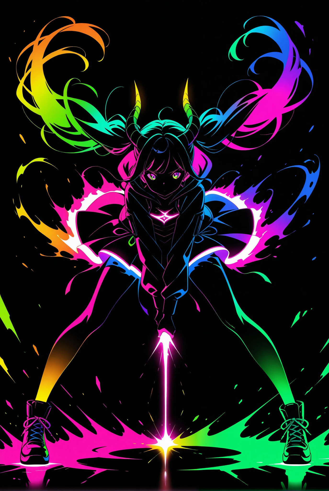 1girl,twin tails,horn,limited palette,black background,colorful,vibrant,glowing outline,neon,blacklight,any pose, dynamic, actions