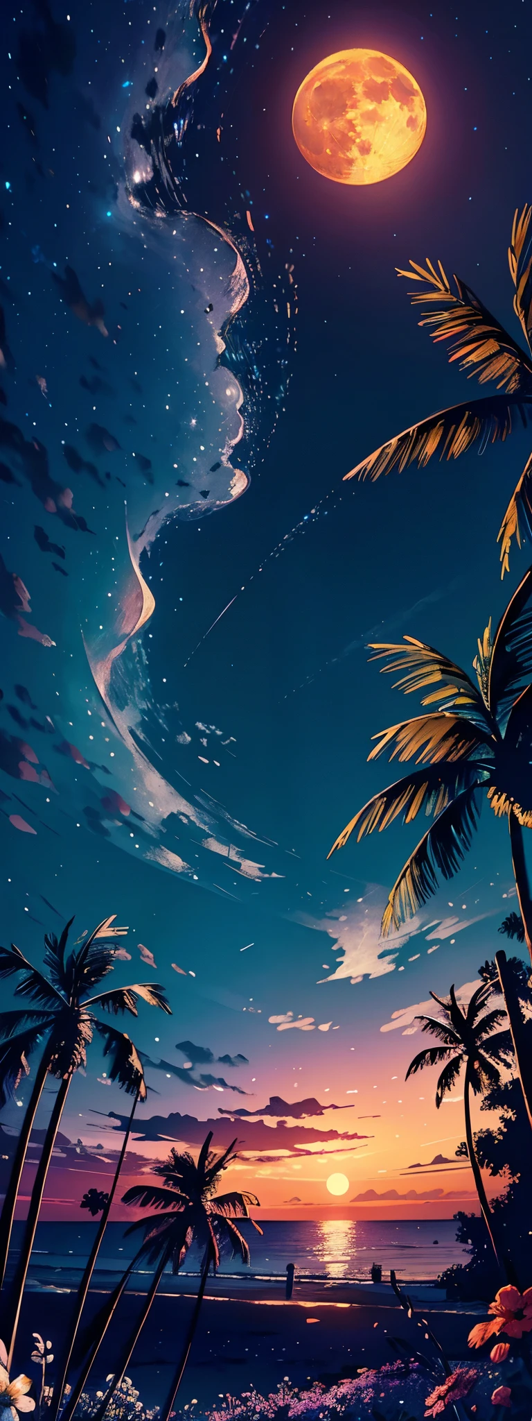 There is a painting of a sunset with palm trees and a full moon - SeaArt AI