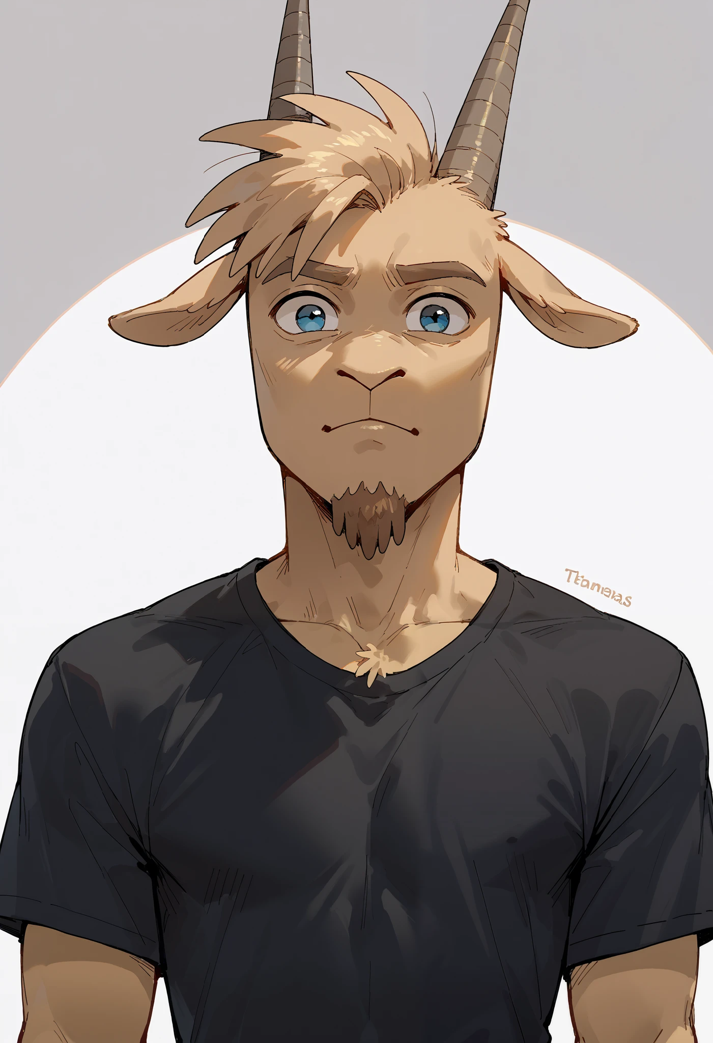 Thomas, Brown fur, Goat, Horns, goatee facial hair, Male, furry, anthro, black shirt,, portrait, looking at viewer,