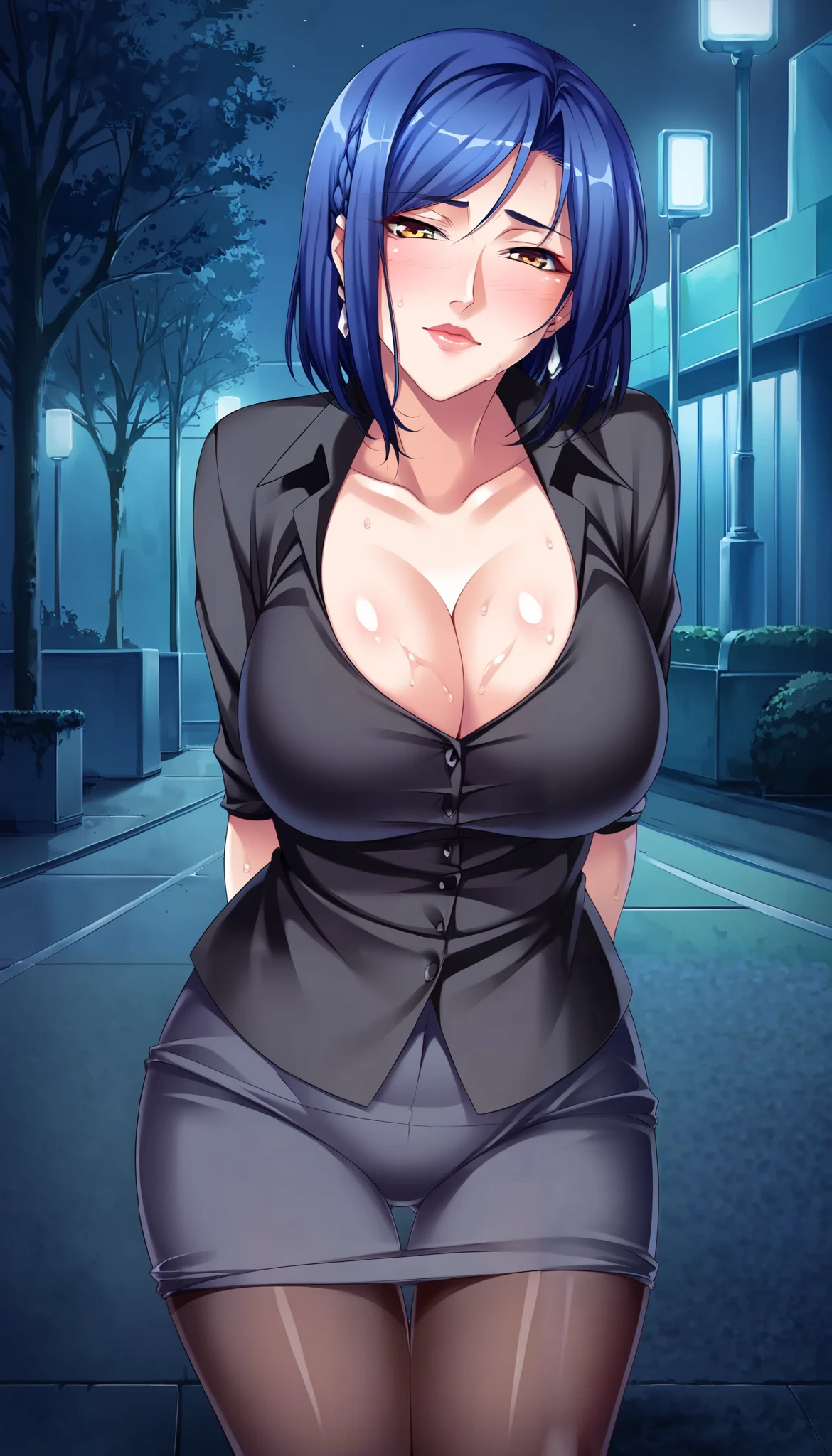 score_9,score_8_up,score_7_up,ultra detailed,absolutely resolution,32k,masterpiece,best quality,ultra HD quality,detailed beautiful face and eyes,hyperrealistic,Japanese beautiful milf,Blue hair,side braid short hair,(curvy,in heat),Black Business suit,tight skirt,Black tights,cleavage,(arms behind back,leaning forward),from pov,looking at viewer,(night,park)