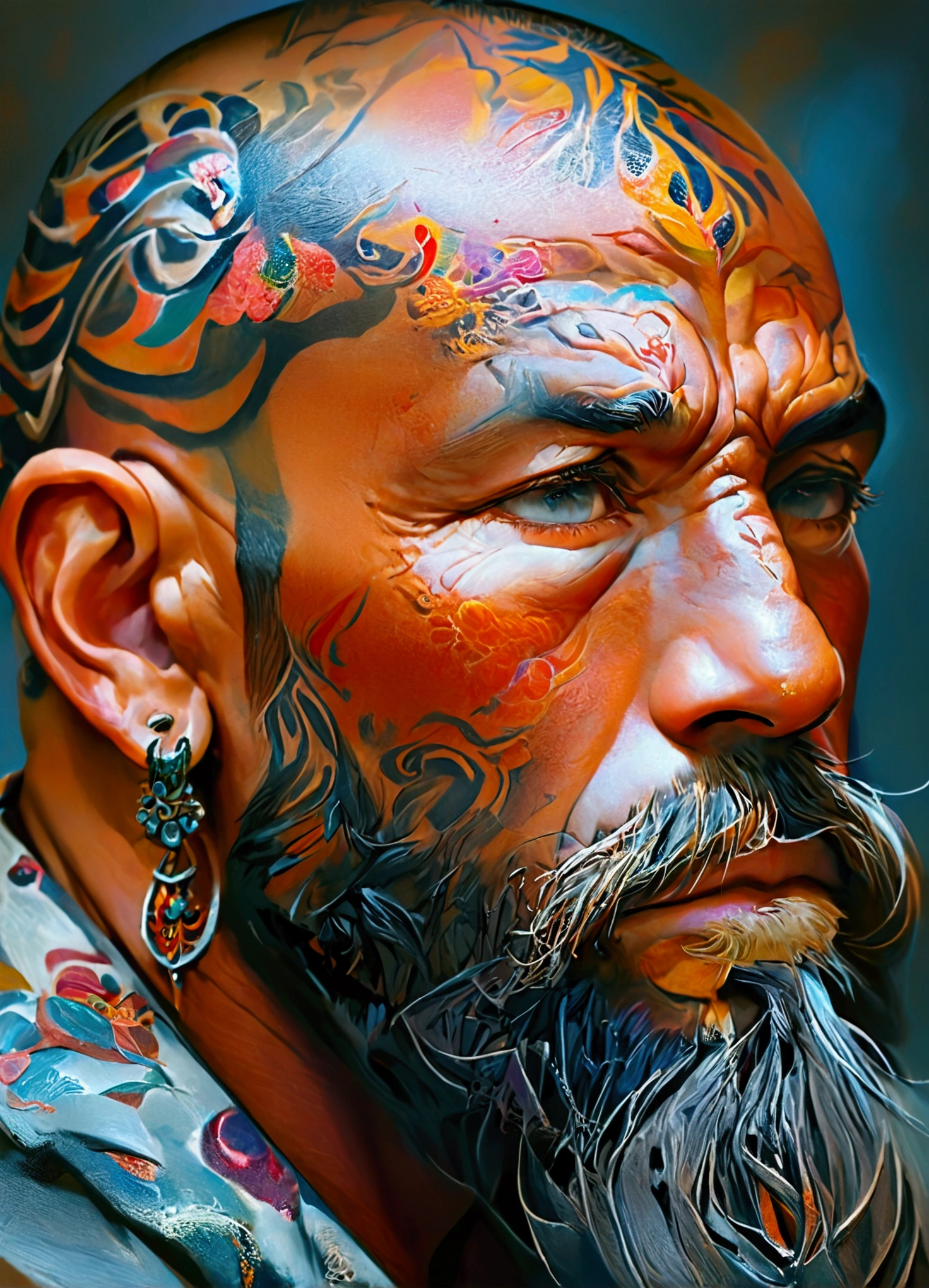 Expressionist artwork images of multiple floating ceramic heads of heavily tattooed asian men, 3d collage style, make it weird and gallery worthy