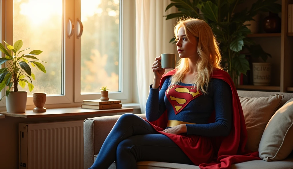 A cinematic still, Supergirl , wearing classic Supergirl pajamas with deep V-neck and sleeping shorts with Supergirl logo on it, seating on a couch with remote control in her hand inside of her living room with a floor to ceiling bookshelf full book two green plants and Teddy bear.