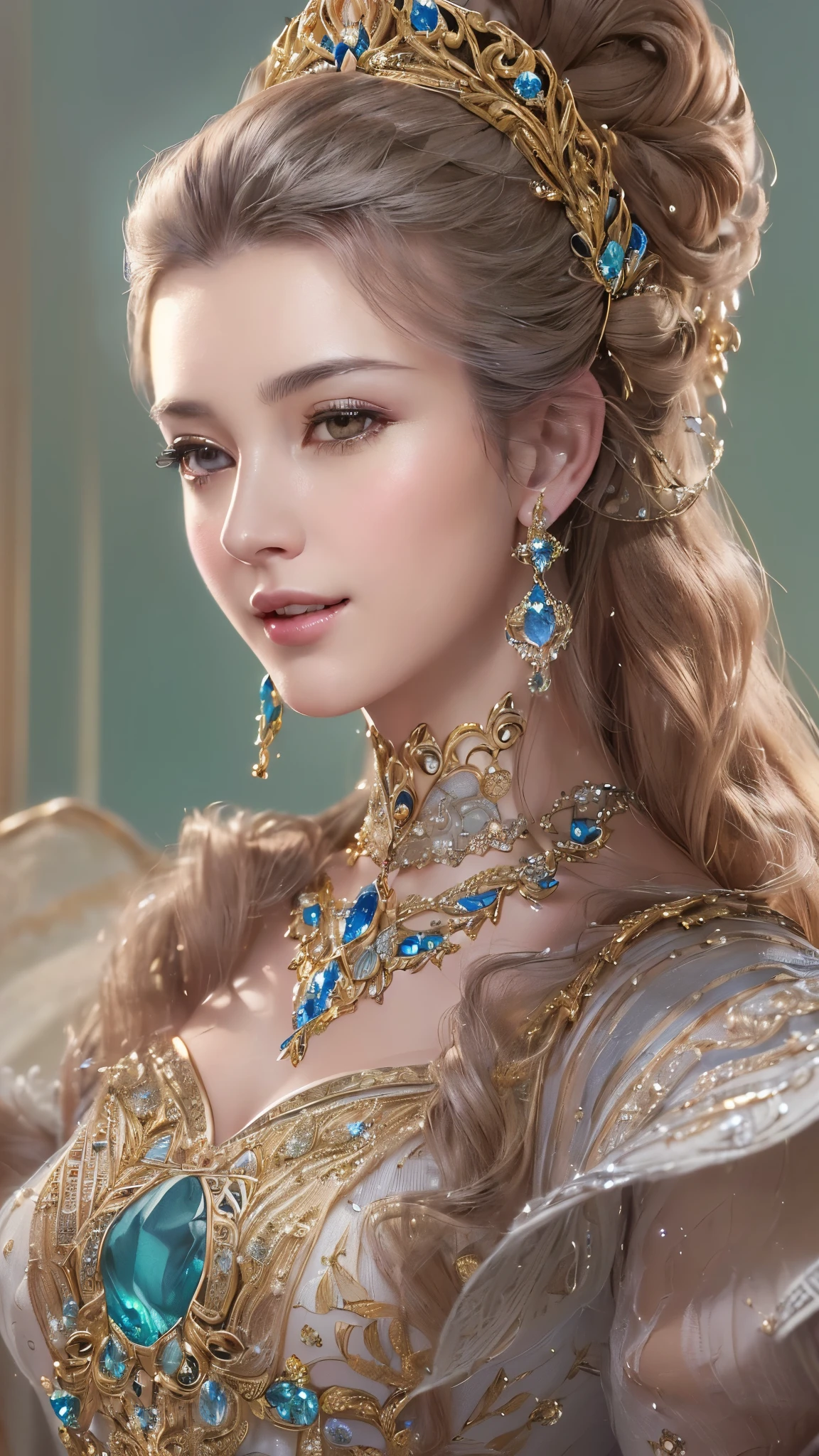 A close up of a woman wearing a tiable and a blue dress - SeaArt AI