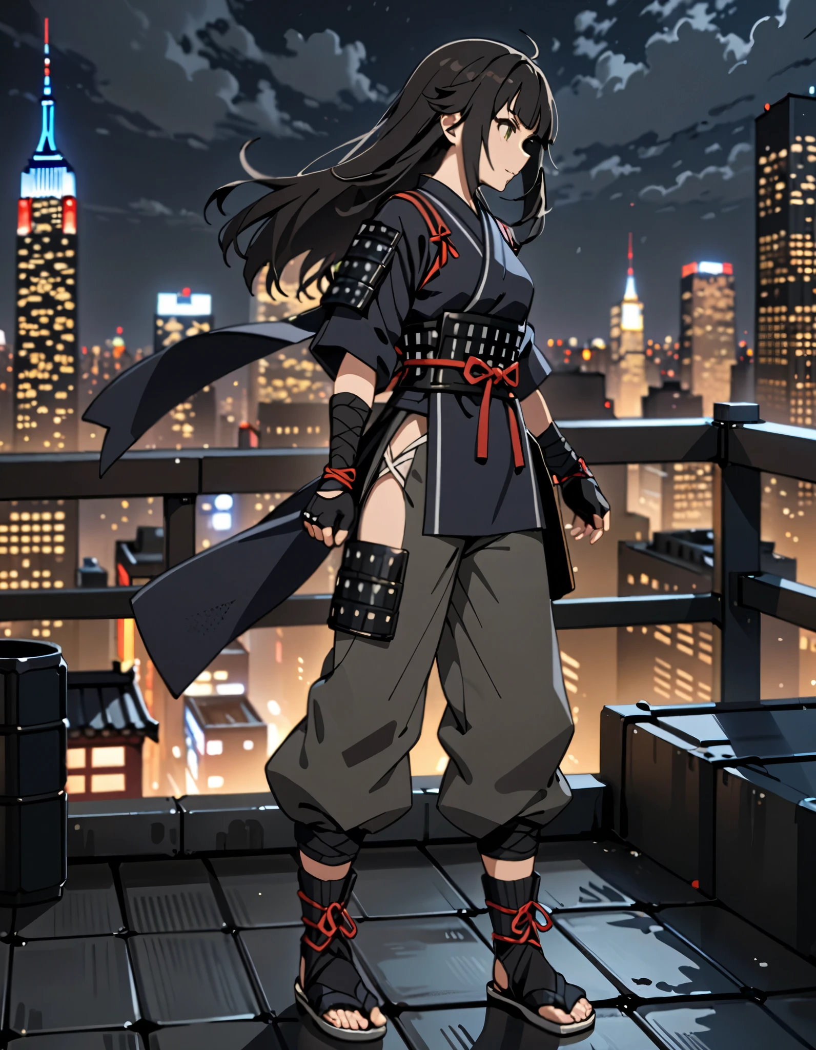 Masterpiece, best quality, high res, 8k, solo, solo focus, 1girl, female samurai, 27 year-old adult female, ankle wrap, black hair, hazel eyes, tabi boots, tabi socks, fingerless gloves, gloves, dark gray uniform, hip vent, japanese armor, long hair, ninja outfit, baggy pants, side slit, bare legs, New York, rooftop, nighttime, U.S. military agent, cowboy shot, (full body shot:1.2), depth of field.