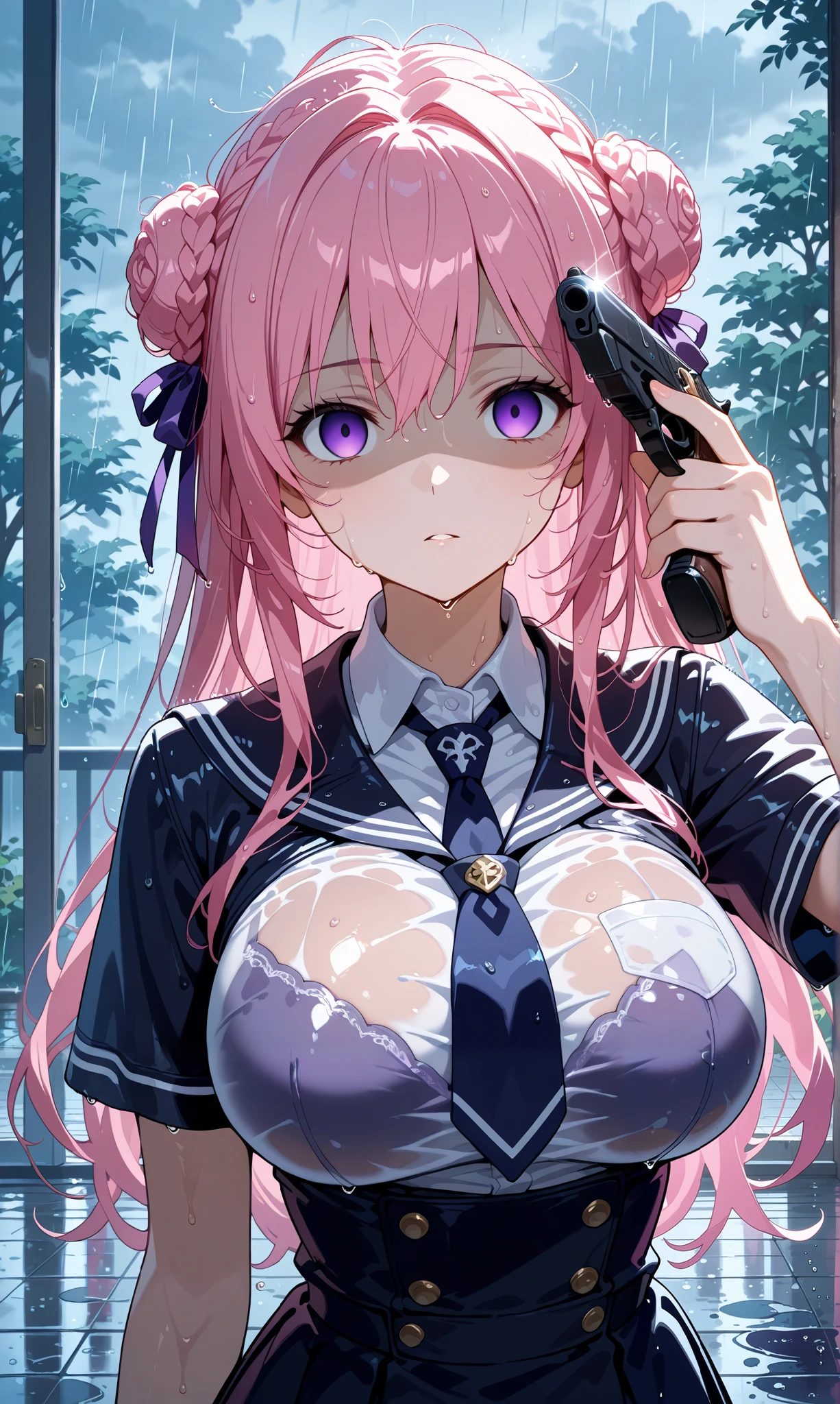 ,1girl, solo, dorothyalt, pink hair, long hair, braided bun, hair ribbon, hair ornament, purple eyes, very wet skin, wet, wet hair, messy hair, big breasts, dark school uniform,rain,rainy day, imminent_suicide,finger on trigger,hand gun,gun to head,holding gun with both hand,paint splatter,dramatic lighting,looking at viewer,shaded face,empty eyes, heavy rain,muted color 