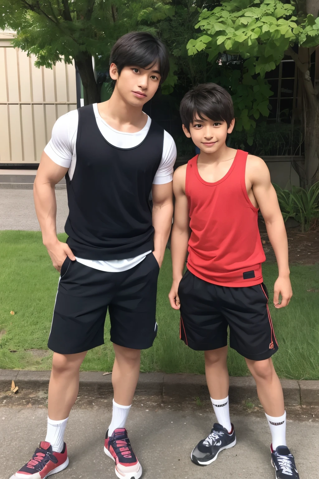 Two Japanese、Both are males.、Well-developed muscles and smooth skin、very short black hair、Friendly and relaxed smile、Face to face, open-mouthed smiling、Small boxer shorts、The whole body is visible、