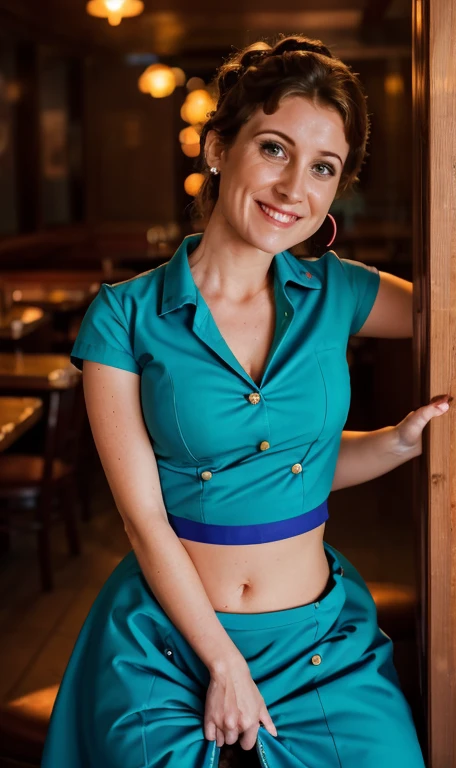 a waitress, her intestines are getting pulled out by an anal pump, dark blue peplum top, updo, eye contact, looking directly at viewer, indoors, restaurant, dress slacks, blue-green eyes, anal prolapse