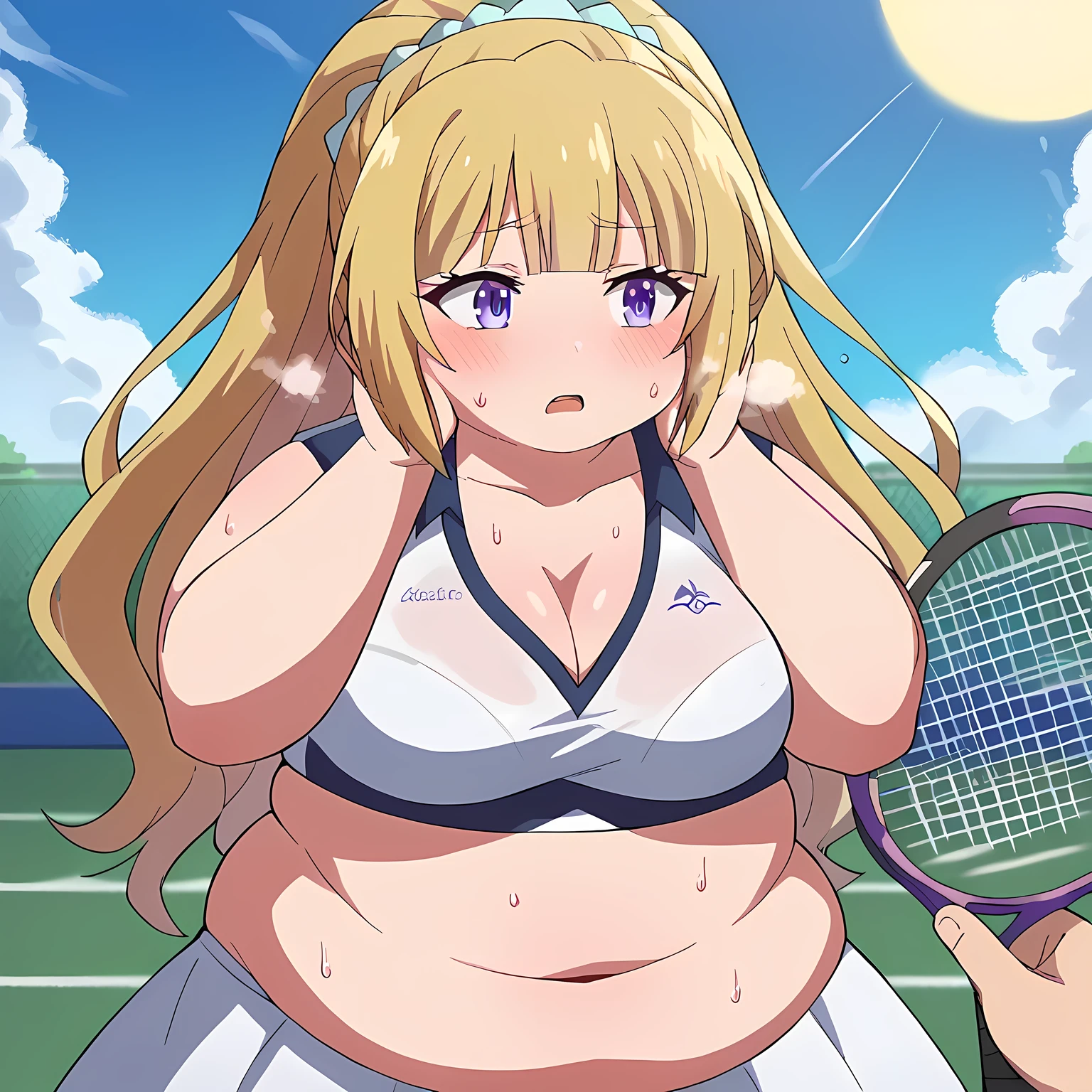 score_9, score_8_up, score_7_up, source_anime, kei karuizawa, long hair, bangs, blunt bangs, purple eyes, blonde hair, hair ornament, ponytail, scrunchie, blue scrunchie, medium breasts,, tennis uniform, tennis racket, racket, tennis ball, sportswear, tennis, tennis court, holding racket, two-tone skirt, tennis net, two-tone shirt, tennis skirt, teniis dress, crop top overhang, holding tennis racket, ball,, open mouth, sweat, steam, blue sky, clouds, sun, cleavage, navel, cowboy shot, swollen face, fat, chubby, obese, open mouth, out of breath, absurdres, highres icon, rating:General, confused, blush, {flustered}, nervous sweating, portrait, pov hands, hand on another's cheek, averting eyes, [looking away], straight-on, from above,  upper body, masterpiece, best quality, ultra-detailed, high resolution, 8K, 