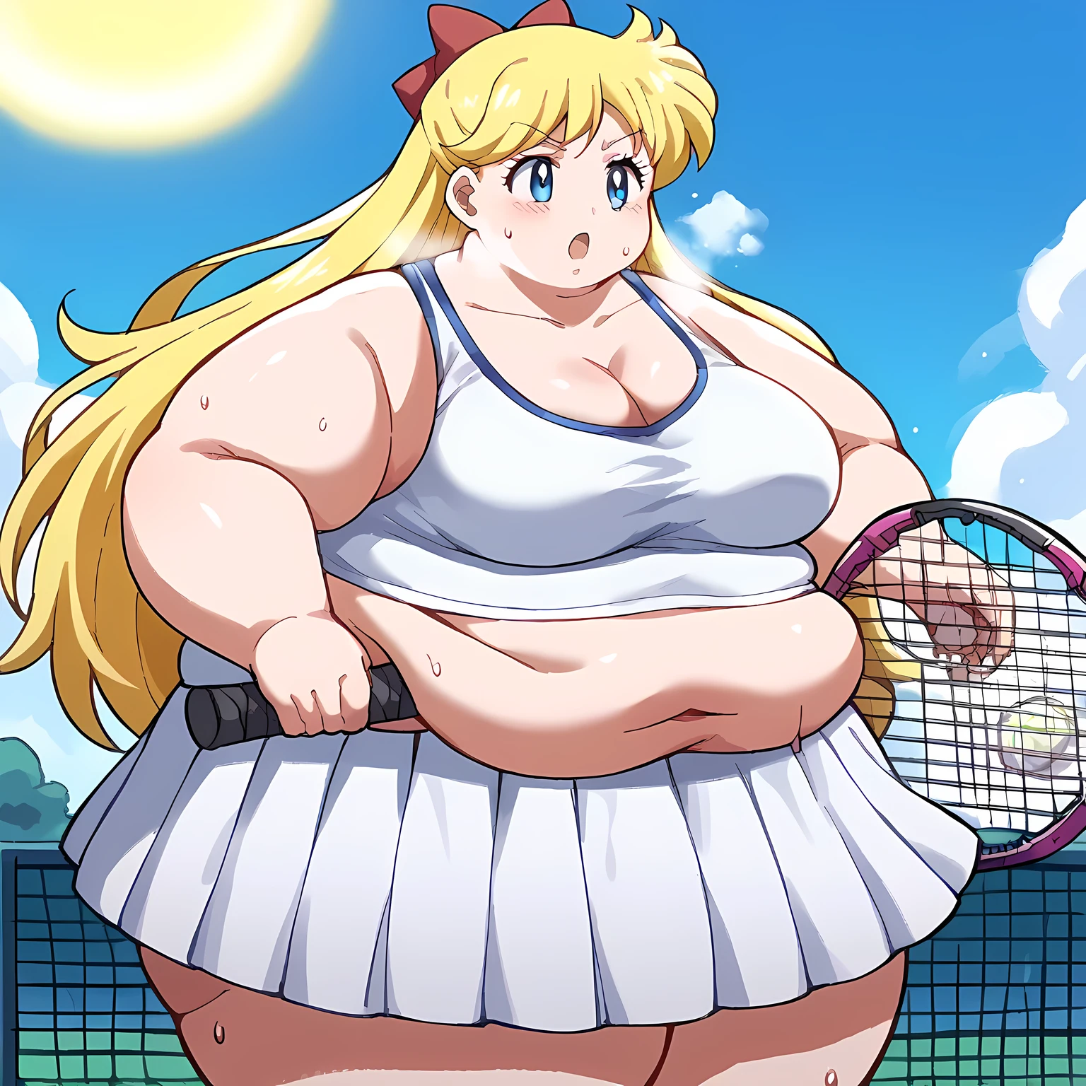 score_9, score_8_up, score_7_up, source_anime, minako aino, blonde hair, blue eyes, bow, hair bow, half updo, long hair, red bow, tiara, medium breasts, tennis uniform, tennis racket, racket, tennis ball, sportswear, tennis, tennis court, holding racket, two-tone skirt, tennis net, two-tone shirt, tennis skirt, teniis dress, crop top overhang, holding tennis racket, ball,, open mouth, sweat, steam, blue sky, clouds, sun, cleavage, navel, cowboy shot, fat, chubby, obese, gigantic arms and legs, large breasts open mouth, out of breath