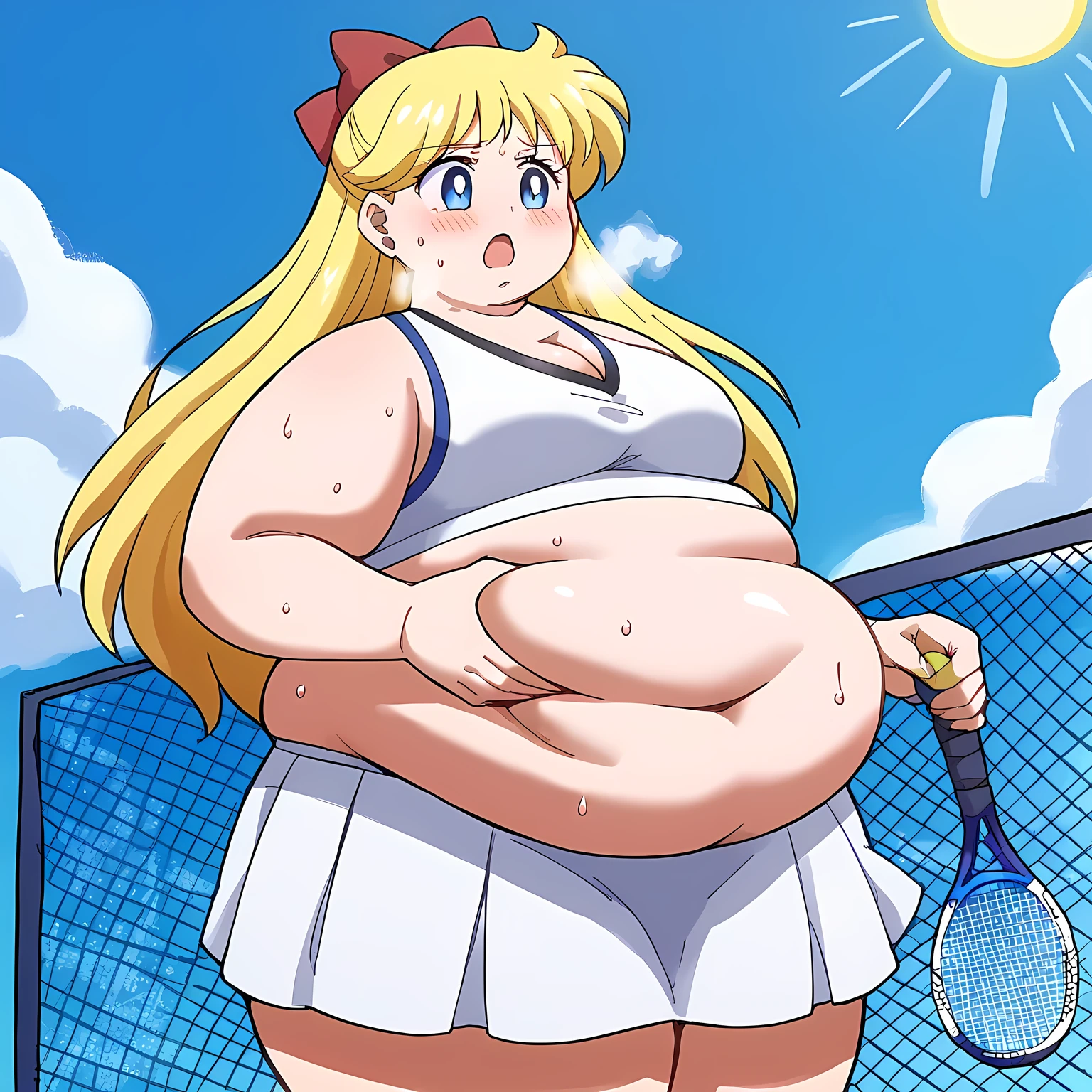 score_9, score_8_up, score_7_up, source_anime, minako aino, blonde hair, blue eyes, bow, hair bow, half updo, long hair, red bow, tiara, medium breasts, tennis uniform, tennis racket, racket, tennis ball, sportswear, tennis, tennis court, holding racket, two-tone skirt, tennis net, two-tone shirt, tennis skirt, teniis dress, crop top overhang, holding tennis racket, ball,, open mouth, sweat, steam, blue sky, clouds, sun, cleavage, navel, cowboy shot, bulging belly, fat, chubby, obese, open mouth, out of breath, absurdres, highres icon, rating:General, confused, blush, {flustered}, nervous sweating, portrait, pov hands, hand on another's belly, averting eyes, [looking away], straight-on, from below, swollen face, masterpiece, best quality, ultra-detailed, high resolution, 8K, 