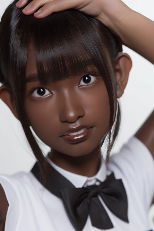 best quality, masterpiece, highres, (detailed:1.4), 1 girl, black hair, ( dark skin:1.6), extremally thin eyebrows , thick bluish eyeshadow, thick black eyeliner, Highlighted eyes with eyeliner, false eyelashes, ( naughty face )