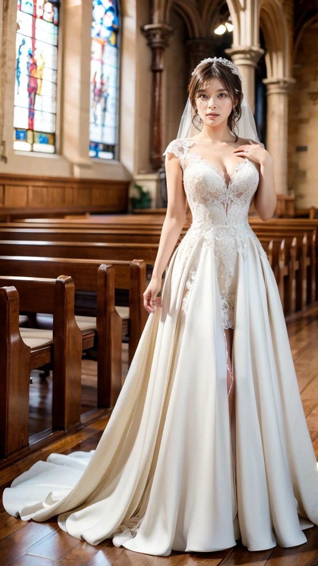 A beautiful young Japanese woman, 26 years old, with healthy thighs, beautiful legs, flawless skin, random hair color and style, large breasts, wearing a (wedding dress:1.3), (she is standing:1.2), full body shot, high heels, holding a bouquet in her hands, in a church setting, (best quality,8k, masterpiece:1.3), (extremely detailed:1.2), perfect anatomy, Kyoko Yoshine