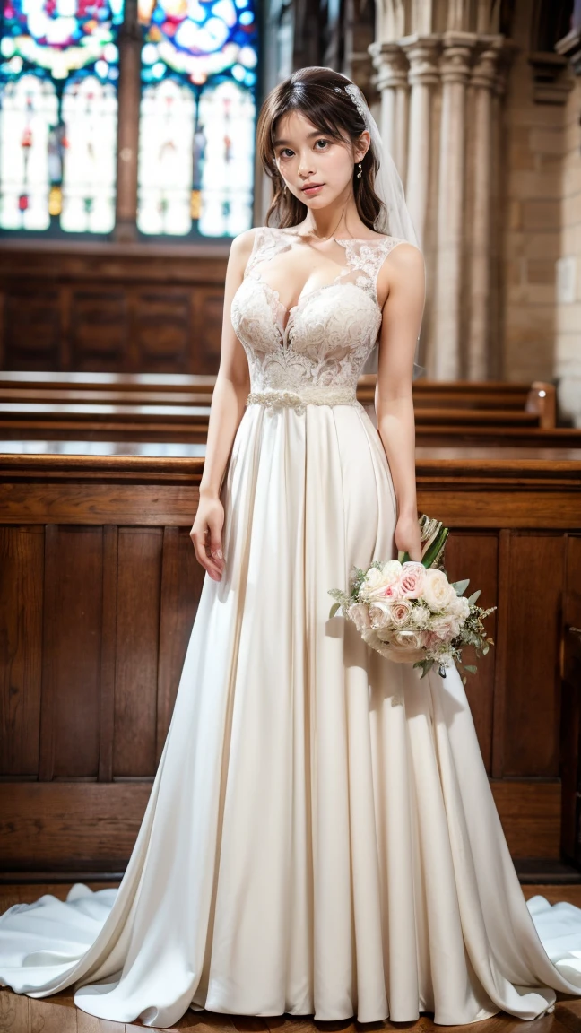 A beautiful young Japanese woman, 26 years old, with healthy thighs, beautiful legs, flawless skin, random hair color and style, large breasts, wearing a (wedding dress:1.3), (she is standing:1.2), full body shot, high heels, holding a bouquet in her hands, in a church setting, (best quality,8k, masterpiece:1.3), (extremely detailed:1.2), perfect anatomy, Kyoko Yoshine