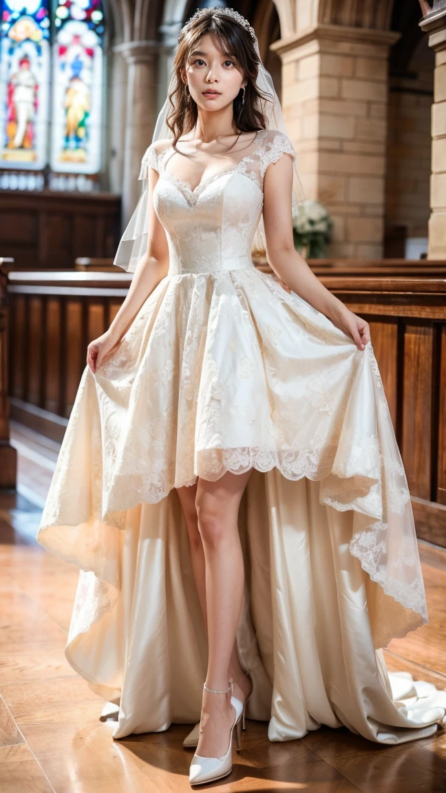 A beautiful young Japanese woman, 26 years old, with healthy thighs, beautiful legs, flawless skin, random hair color and style, large breasts, wearing a (wedding dress:1.3), (she is standing:1.2), full body shot, high heels, holding a bouquet in her hands, in a church setting, (best quality,8k, masterpiece:1.3), (extremely detailed:1.2), perfect anatomy, Kyoko Yoshine