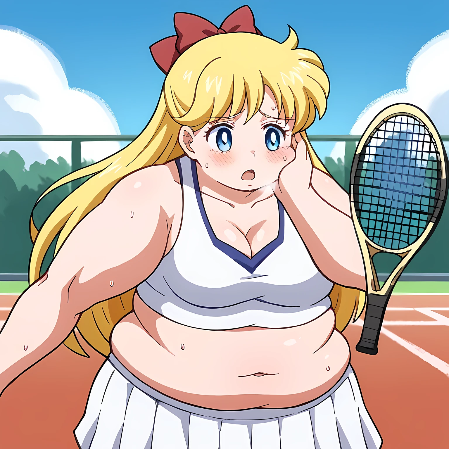 score_9, score_8_up, score_7_up, source_anime, minako aino, blonde hair, blue eyes, bow, hair bow, half updo, long hair, red bow, tiara, medium breasts, tennis uniform, tennis racket, racket, tennis ball, sportswear, tennis, tennis court, holding racket, two-tone skirt, tennis net, two-tone shirt, tennis skirt, teniis dress, crop top overhang, holding tennis racket, ball,, open mouth, sweat, steam, blue sky, clouds, sun, cleavage, navel, cowboy shot, swollen face, fat, chubby, obese, open mouth, out of breath, absurdres, highres icon, rating:General, confused, blush, {flustered}, nervous sweating, portrait, pov hands, hand on another's cheek, averting eyes, [looking away], straight-on, from above,  upper body, masterpiece, best quality, ultra-detailed, high resolution, 8K, 