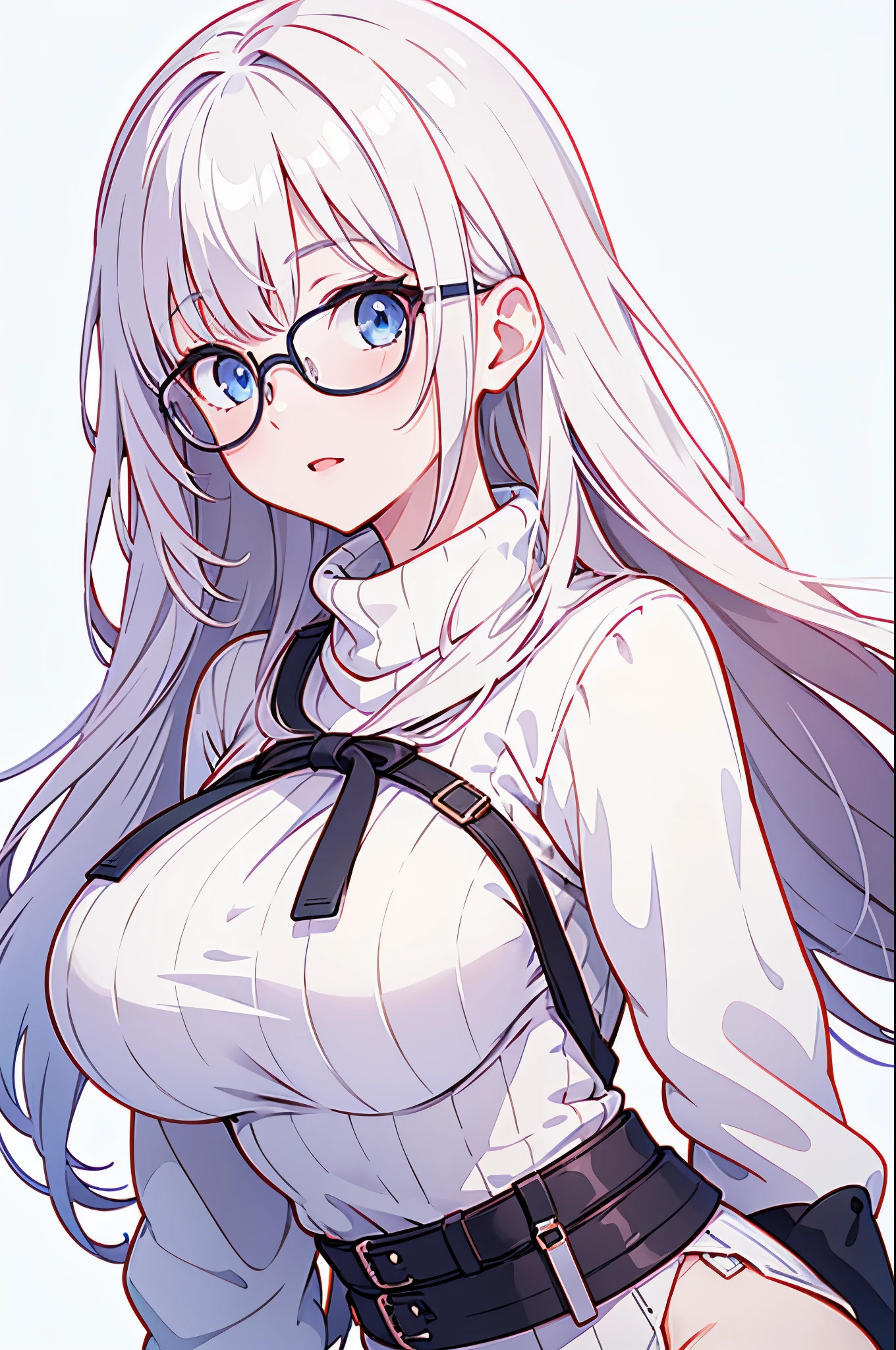 1girl, pofile picture, big boob, white background, hd, epic, 4k, whiteturtleneck arm sweater, glasses, happy