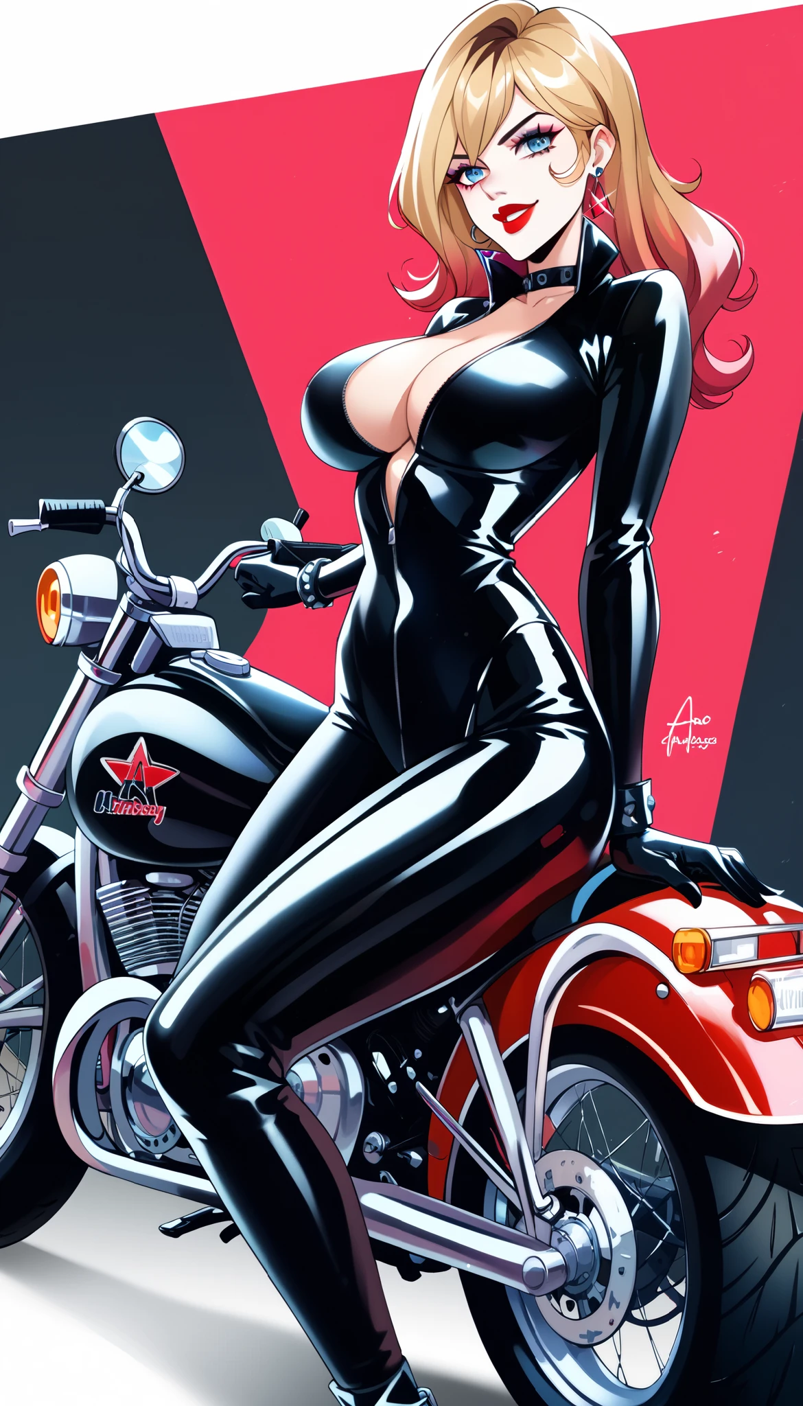 (((Fujiko Mine))), (((Glamorous body))), (((Black rubber suit))), (((Astride a Harley Davidson motorcycle))), cleavage