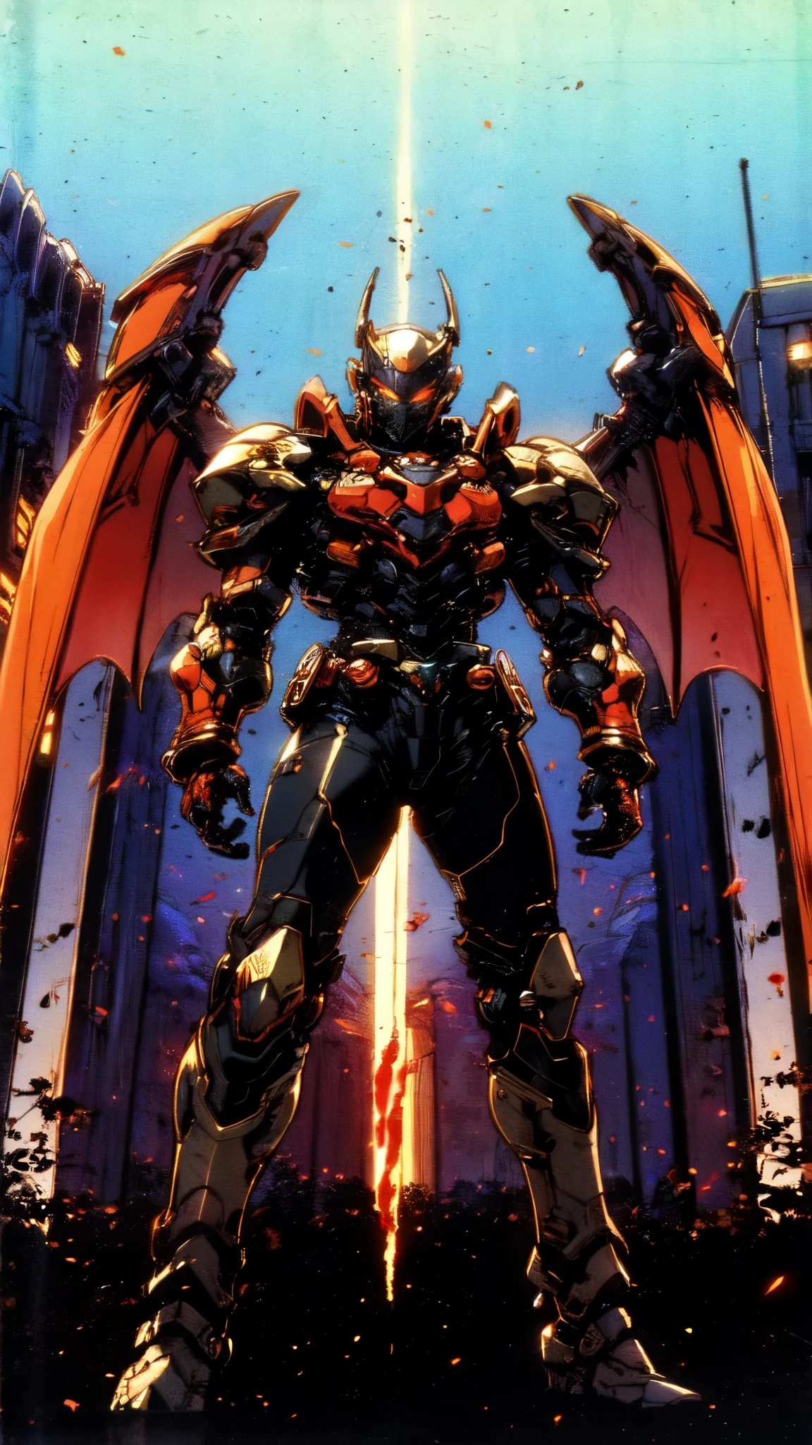 (masterpiece:1.5, best quality:1.5, extremely delicate:1.5), ((male:1.5)), a man wearing a full-face helmet, high-tech biomimetic armored combat suit, (a composite layered chest armor), the design balances heavy with agility, fully enclosed shoulder guards, matching arm and leg guards, a belt of gemstone, (the color scheme is primarily Red with Purple and Yellow accents, Organic Biotech, Concept Inspired by Vampire, glowing eyes, armor glows, huge cloak like devil wings, blood), stand of a futuristic sci-fi city, this character embodies a finely crafted fantasy-style armored hero in anime style, exquisite and mature art style, metallic, high definition, highres, ultra-detailed, ultra-fine painting, professional, perfect body proportions, golden ratio, anatomically correct, symmetrical face, extremely detailed eyes and face, high quality eyes, creativity, RAW photo, UHD, 32k, Natural light, cinematic lighting, (masterpiece-anatomy-perfect:1.2)