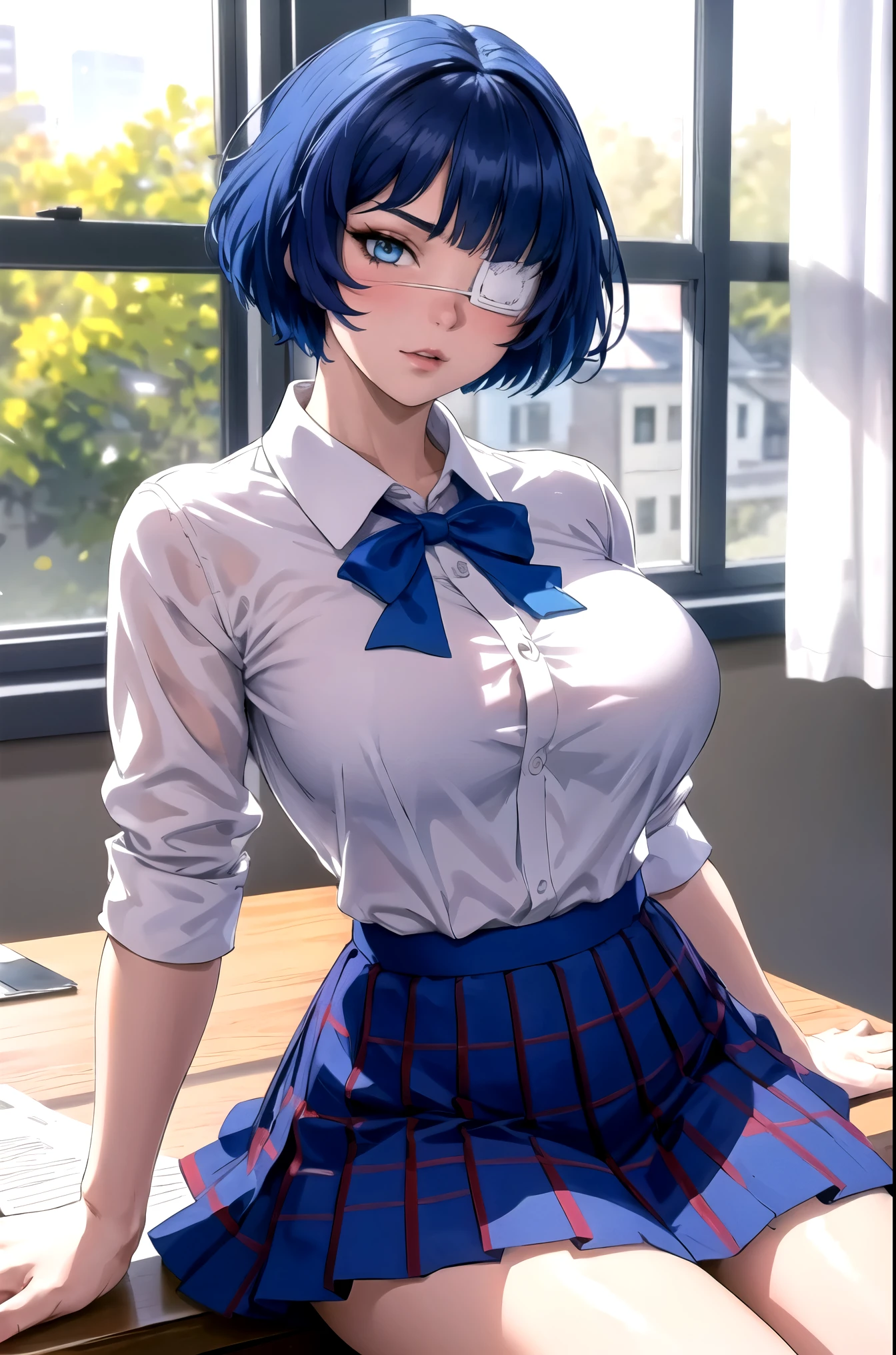 he-he-he®, (Remu Shimei, 1 girl, beautiful detailed eyes, beautiful detailed lips, extremely detailed eyes and face, long eyelashes, blue hair, short hair, (eyepatch: 1,2), blush), 1 girl, mature woman, Beautiful Body, Beautiful nose, Beautiful character design , beautiful eyes, perfect face,expressive eyes, looking at the viewer, official art ,чрезвычайно подробные обои CG Unity 16k, perfect lighting,Colorful, bright_Front_face_Lighting fixtures,shiny skin, (masterpiece:1.0),(best_quality:1.0), сверх High definition ,4K, ultra-detailed , photo, 16K, HDR, High definition , absurdity:1.2, blurred background, hips:1.2, lens glare, (bright_color:1.2), (Beautiful_face:1.5),(narrow_waist), full height, at full height, Exquisite visual effects , High definition , masterpiece, best quality, big breasts, school uniform, red bow on the chest, blue skirt, white blouse, sits on the desk, flushed face, school, Class, sits on the desk, board, textbooks, Night дарит силы и красоту, viewer focus on boobs, the girl looked down at her chest, the blouse is buttoned up to the top, Night, moonlight from the window