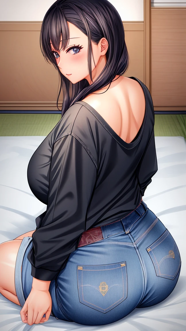 Suzukawa Akana, wear a black top, POV, from behind, looking back, large_breasts, sitting, bedroom, solo, denim_shorts,, masterpiece, best quality, detailed face, detailed eyes, highres, full body 