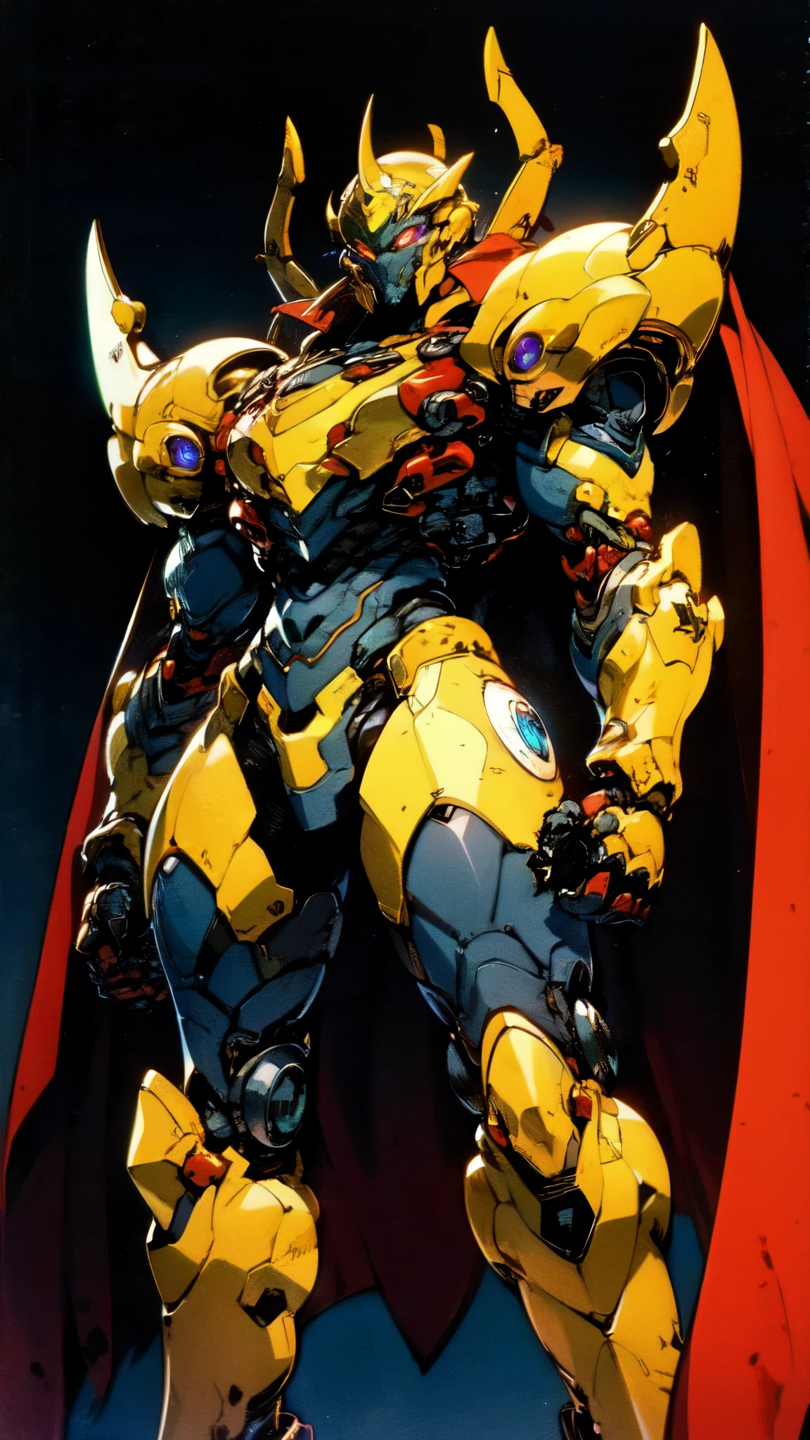 (masterpiece:1.5, best quality:1.5, extremely delicate:1.5), ((male:1.5)), a man wearing a full-face helmet, high-tech biomimetic armored combat suit, (a composite layered chest armor), the design balances heavy with agility, fully enclosed shoulder guards, matching arm and leg guards, a belt of gemstone, (the color scheme is primarily Red with Purple and Yellow accents, Organic Biotech, Concept Inspired by Vampire, glowing eyes, armor glows, huge cloak like devil wings, blood), stand of a futuristic sci-fi city, this character embodies a finely crafted fantasy-style armored hero in anime style, exquisite and mature art style, metallic, high definition, highres, ultra-detailed, ultra-fine painting, professional, perfect body proportions, golden ratio, anatomically correct, symmetrical face, extremely detailed eyes and face, high quality eyes, creativity, RAW photo, UHD, 32k, Natural light, cinematic lighting, (masterpiece-anatomy-perfect:1.2)