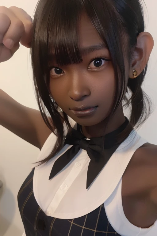 best quality, masterpiece, highres, (detailed:1.4), 1 girl, black hair, ( dark skin:1.6), extremally thin eyebrows , thick bluish eyeshadow, thick black eyeliner, Highlighted eyes with eyeliner, false eyelashes, ( naughty face )