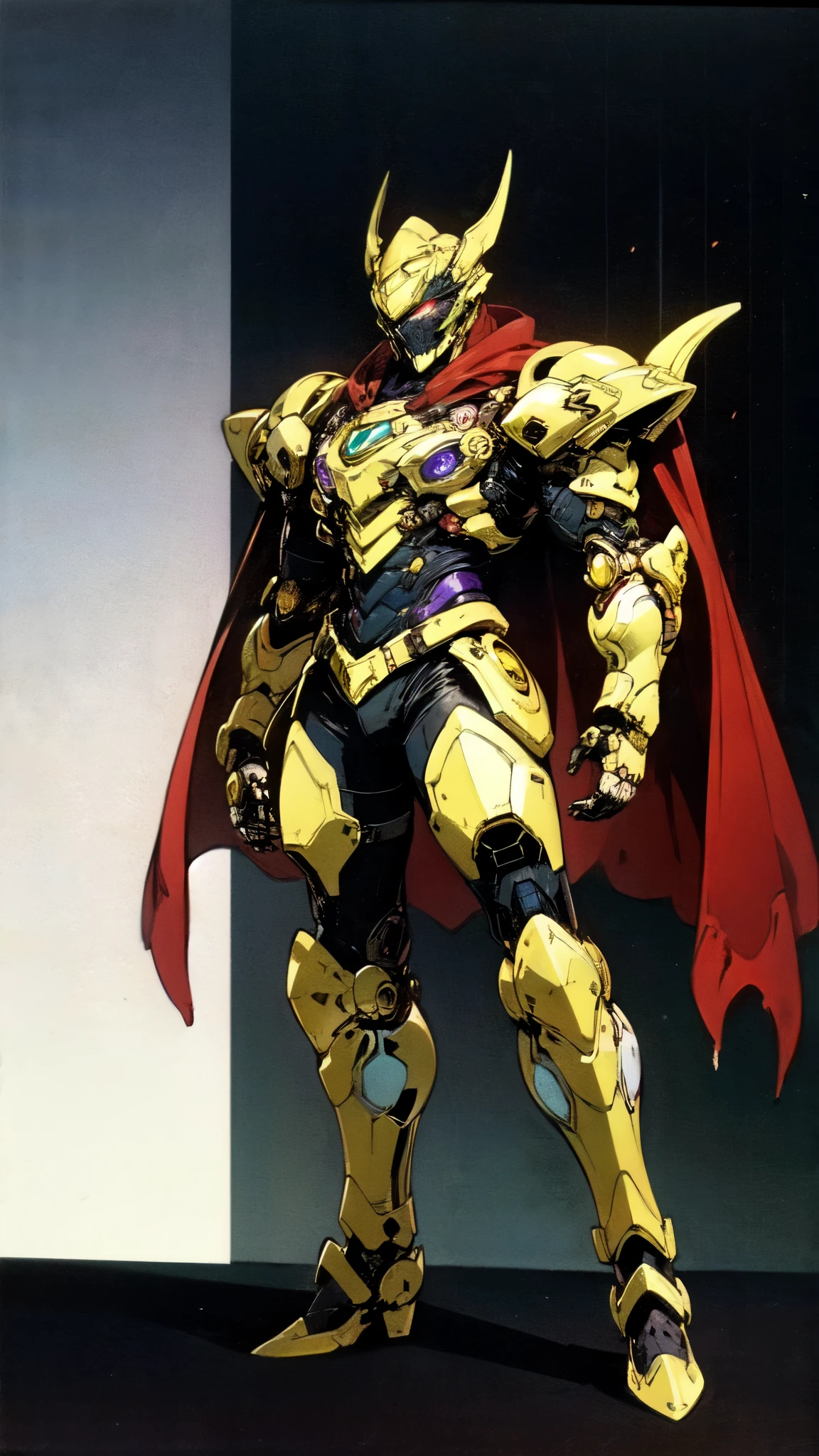 (masterpiece:1.5, best quality:1.5, extremely delicate:1.5), ((male:1.5)), a man wearing a full-face helmet, high-tech biomimetic armored combat suit, (a composite layered chest armor), the design balances heavy with agility, fully enclosed shoulder guards, matching arm and leg guards, a belt of gemstone, (the color scheme is primarily Red with Purple and Yellow accents, Organic Biotech, Concept Inspired by Vampire, glowing eyes, armor glows, huge cloak like devil wings, blood), stand of a futuristic sci-fi city, this character embodies a finely crafted fantasy-style armored hero in anime style, exquisite and mature art style, metallic, high definition, highres, ultra-detailed, ultra-fine painting, professional, perfect body proportions, golden ratio, anatomically correct, symmetrical face, extremely detailed eyes and face, high quality eyes, creativity, RAW photo, UHD, 32k, Natural light, cinematic lighting, (masterpiece-anatomy-perfect:1.2)