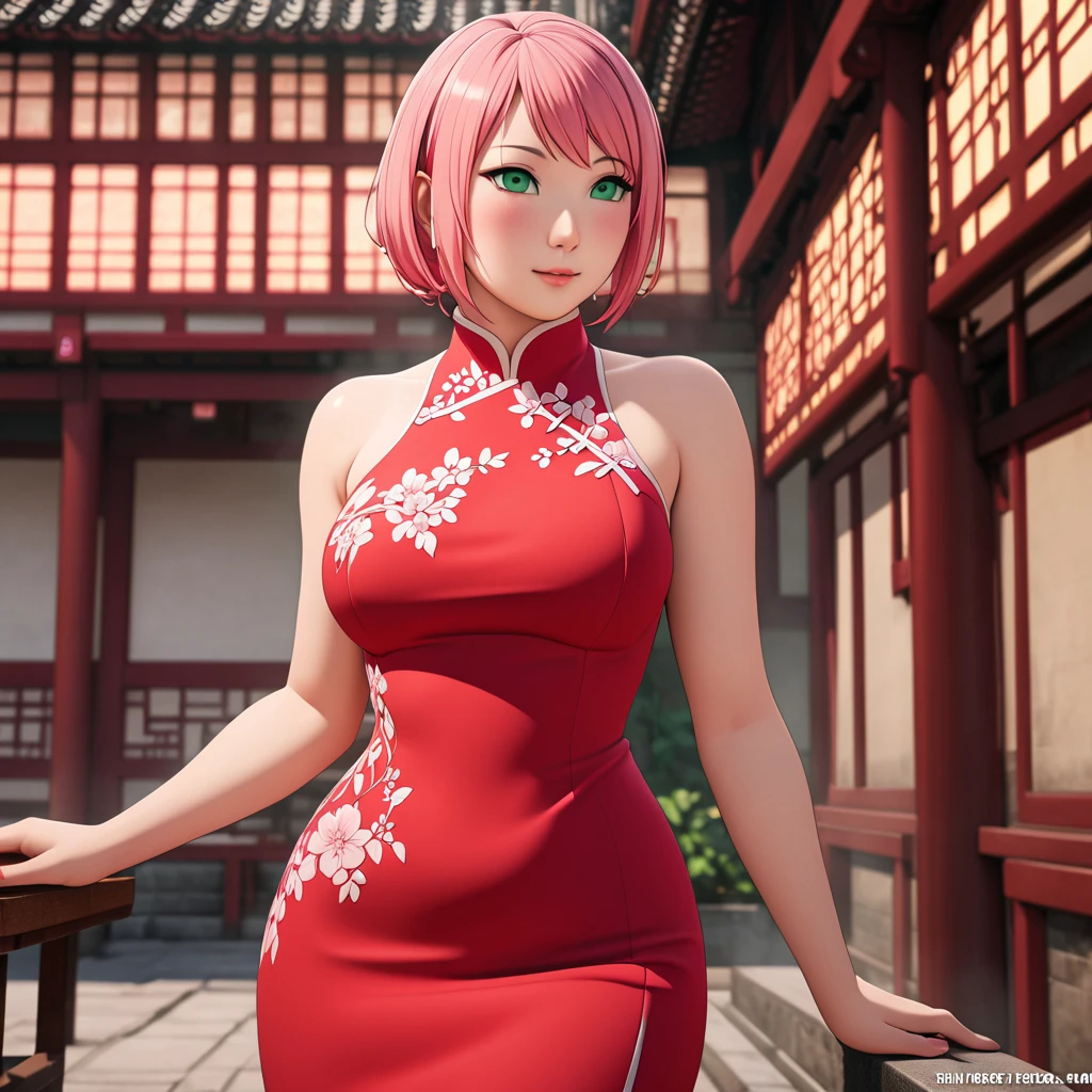 Masterpiece, High Resolution, Anatomically Correct, Best Quality, Super Detailed, Textured Skin, bright pink hair, mint green eyes, fairly curvaceous figure, peach skin, Breasts, Short Hair, Unreal Engine, red qipao dress 