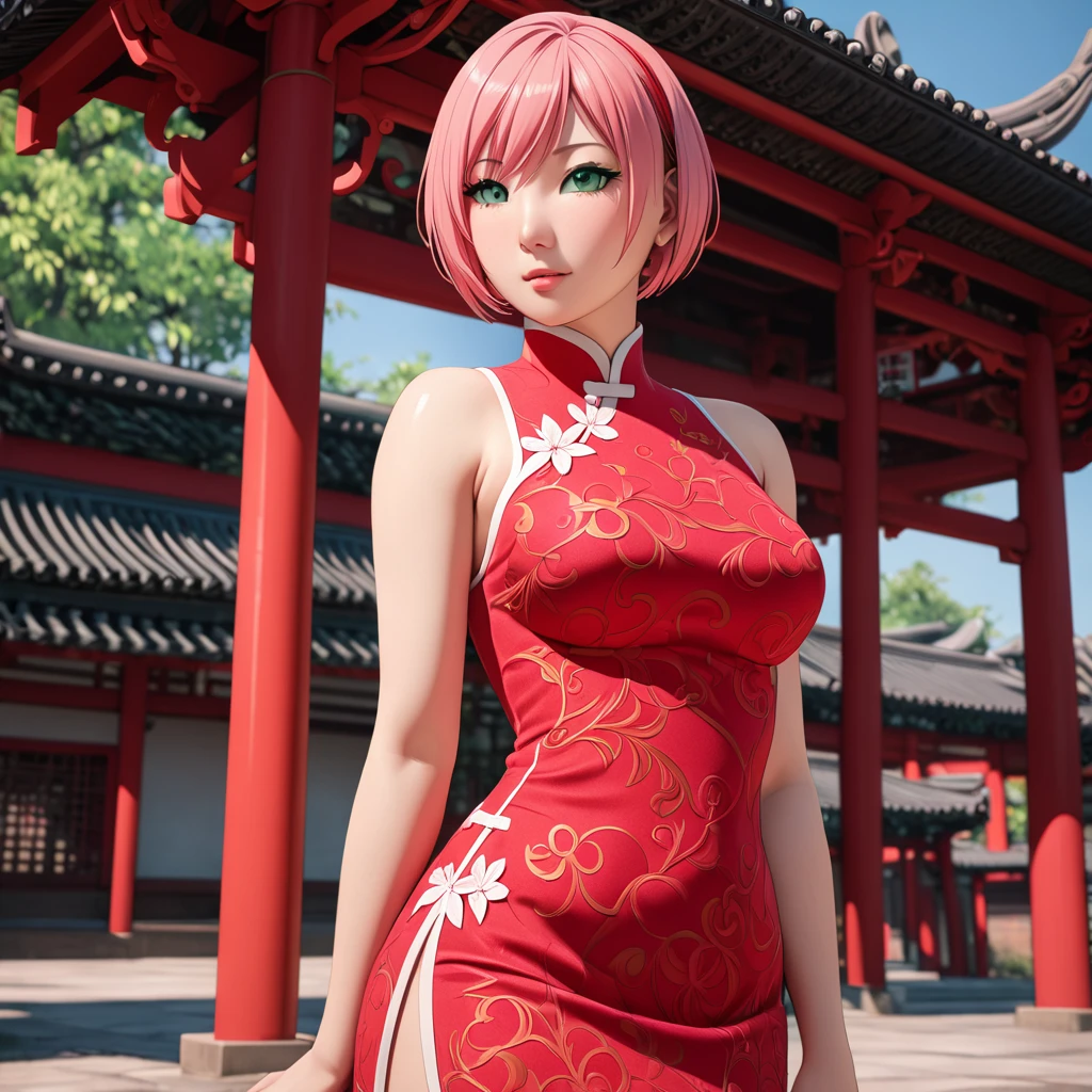 Masterpiece, High Resolution, Anatomically Correct, Best Quality, Super Detailed, Textured Skin, bright pink hair, mint green eyes, fairly curvaceous figure, peach skin, Breasts, Short Hair, Unreal Engine, red qipao dress 