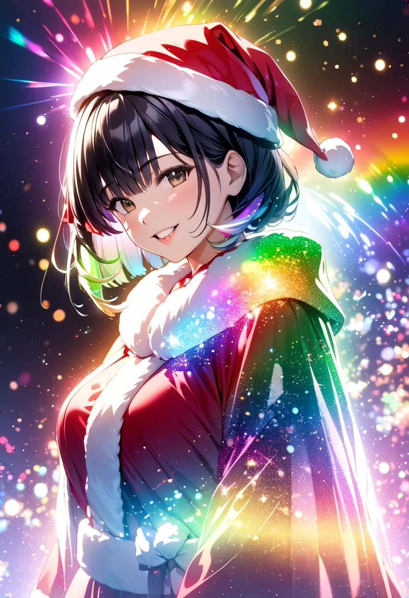 Black-haired adult woman"Haruna" , Beautiful figure of Santa Claus  , background: rainbow illuminations(( Double Exposure :1.5 , Glitter Effect ,LED Magic Effects :2.0 ,backgroundぼかし))