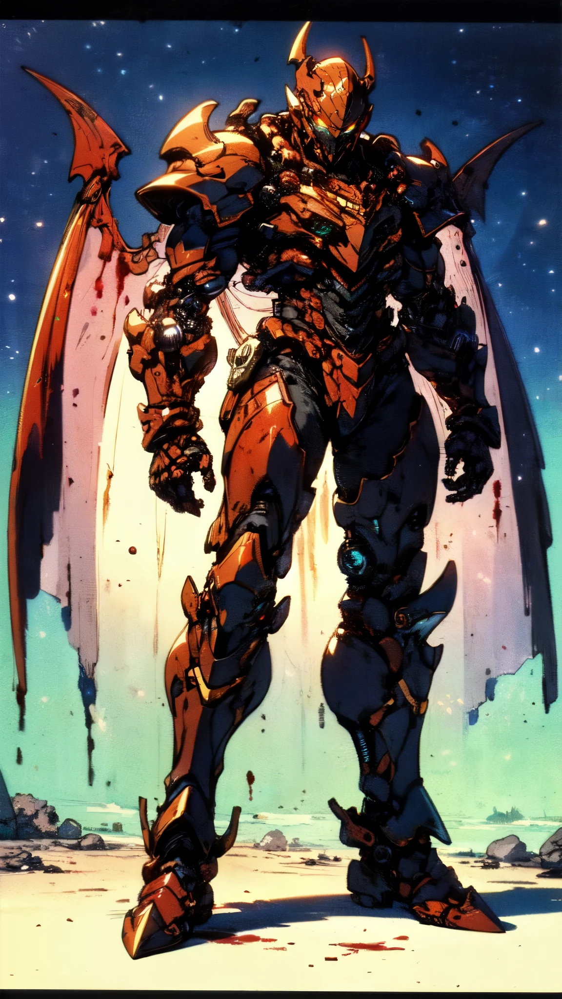 (masterpiece:1.5, best quality:1.5, extremely delicate:1.5), ((male:1.5)), a man wearing a full-face helmet, high-tech biomimetic armored combat suit, (a composite layered chest armor), the design balances heavy with agility, fully enclosed shoulder guards, matching arm and leg guards, a belt of gemstone, (the color scheme is primarily Red with Purple and Yellow accents, Organic Biotech, Concept Inspired by Vampire, glowing eyes, armor glows, huge cloak like devil wings, blood), stand of a futuristic sci-fi city, this character embodies a finely crafted fantasy-style armored hero in anime style, exquisite and mature art style, metallic, high definition, highres, ultra-detailed, ultra-fine painting, professional, perfect body proportions, golden ratio, anatomically correct, symmetrical face, extremely detailed eyes and face, high quality eyes, creativity, RAW photo, UHD, 32k, Natural light, cinematic lighting, (masterpiece-anatomy-perfect:1.2)