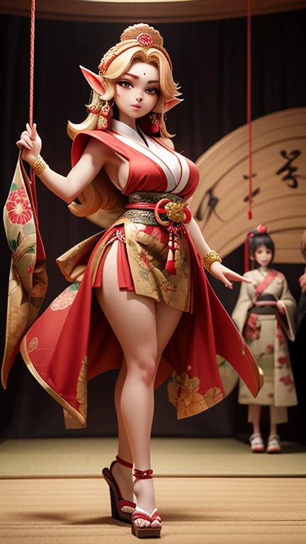 8k 2.5D Japan's different world comic character style.Edo period in Japan.A beautiful elf and oiran girl wearing a heavy red and gold oiran costume, her unconventional heavy big bust swings her sensual big hips from side to side, and walks gracefully like a runway at a fashion show