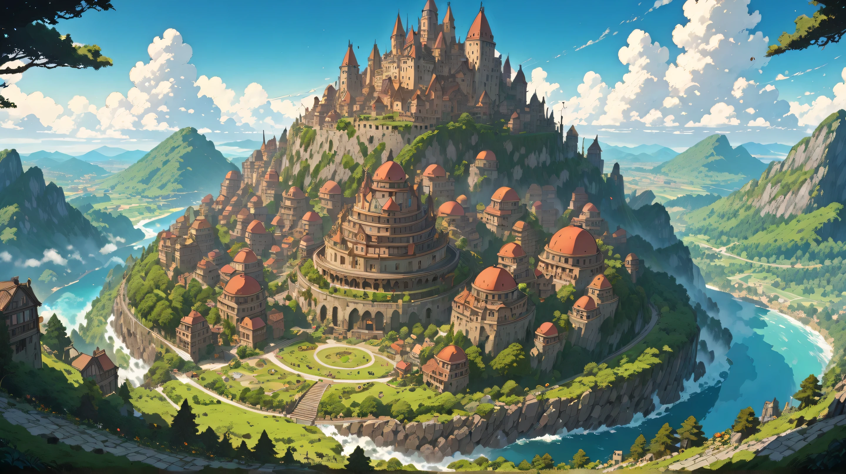 (masterpiece, super detailed, top quality, clear focus, dramatic scenes, cinematic), (super high resolution, 8K), (cartoon style illustrations reminiscent of Hayao Miyazaki, Japanese 2D animation: 1.3), perfect landscape, perfect overhead distant view, perfect bright fantasy, (many moons and suns in background sky:.1.3), (large circular castle town: 1.3), forests, flower fields.
